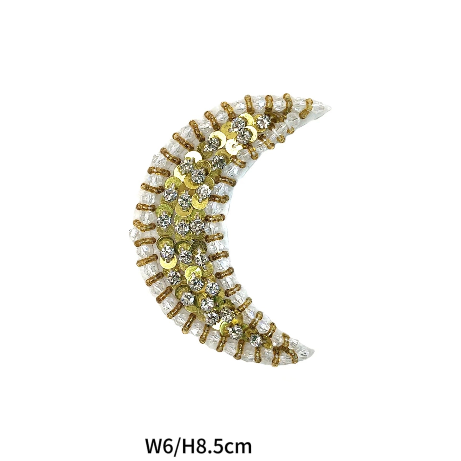 Jeweled crescent moon fabric patch with gold and clear rhinestones