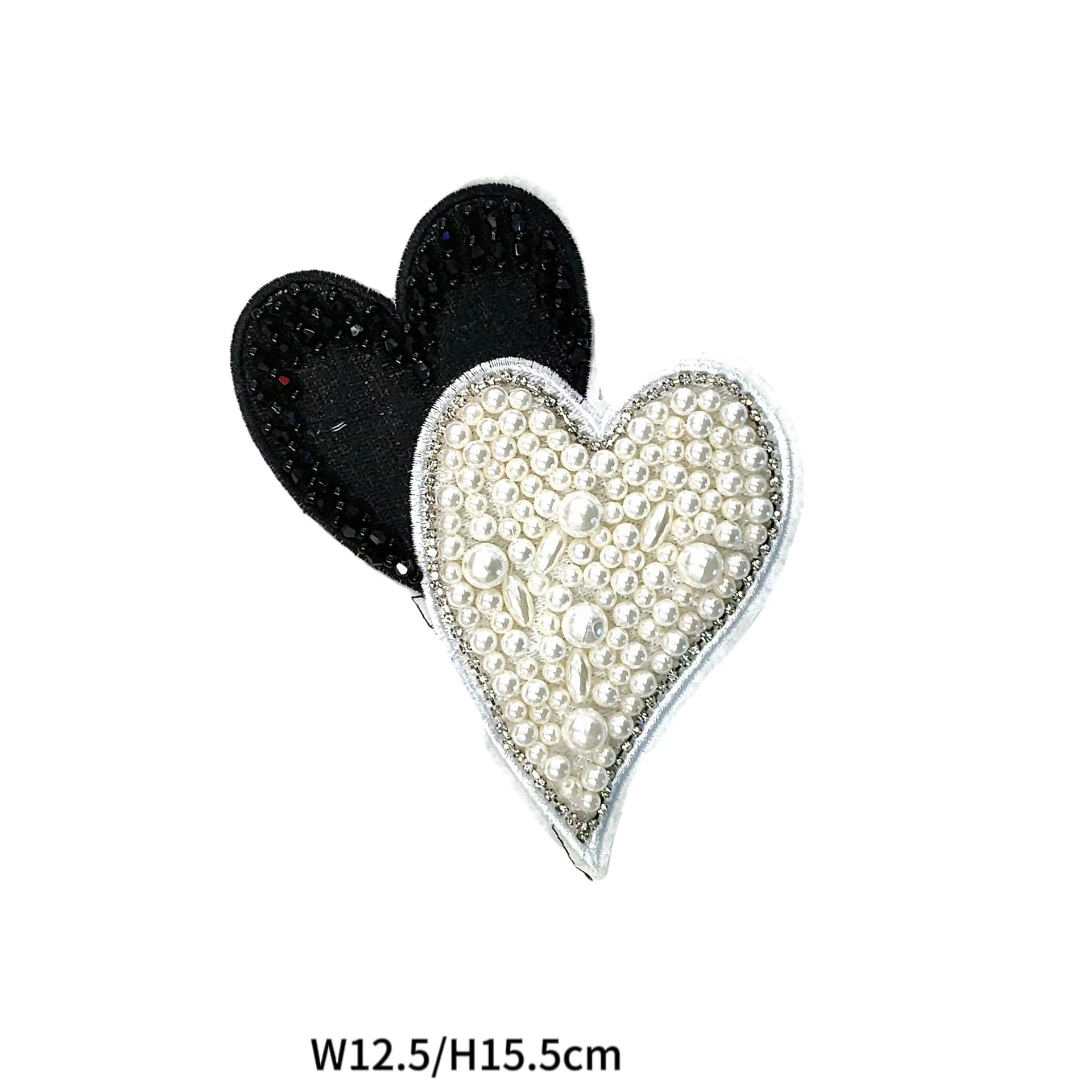 Heart fabric patch with white pearl-like rhinestones and black stitched edges