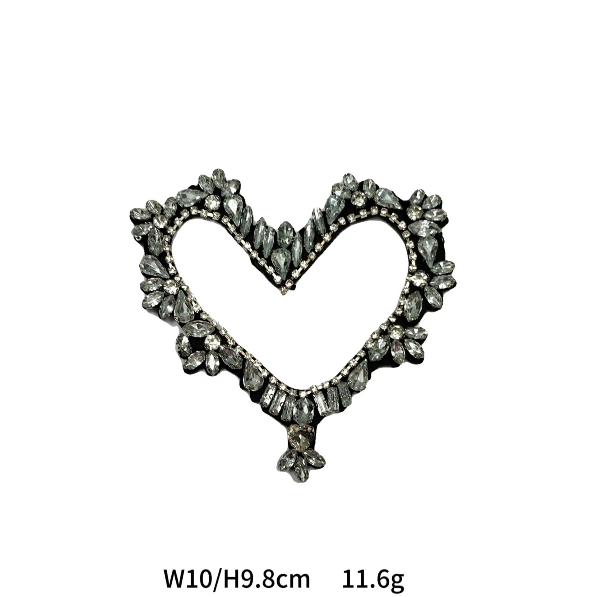 Silver hollow heart applique with diamond marquise beadwork border, W10/H9.8cm
