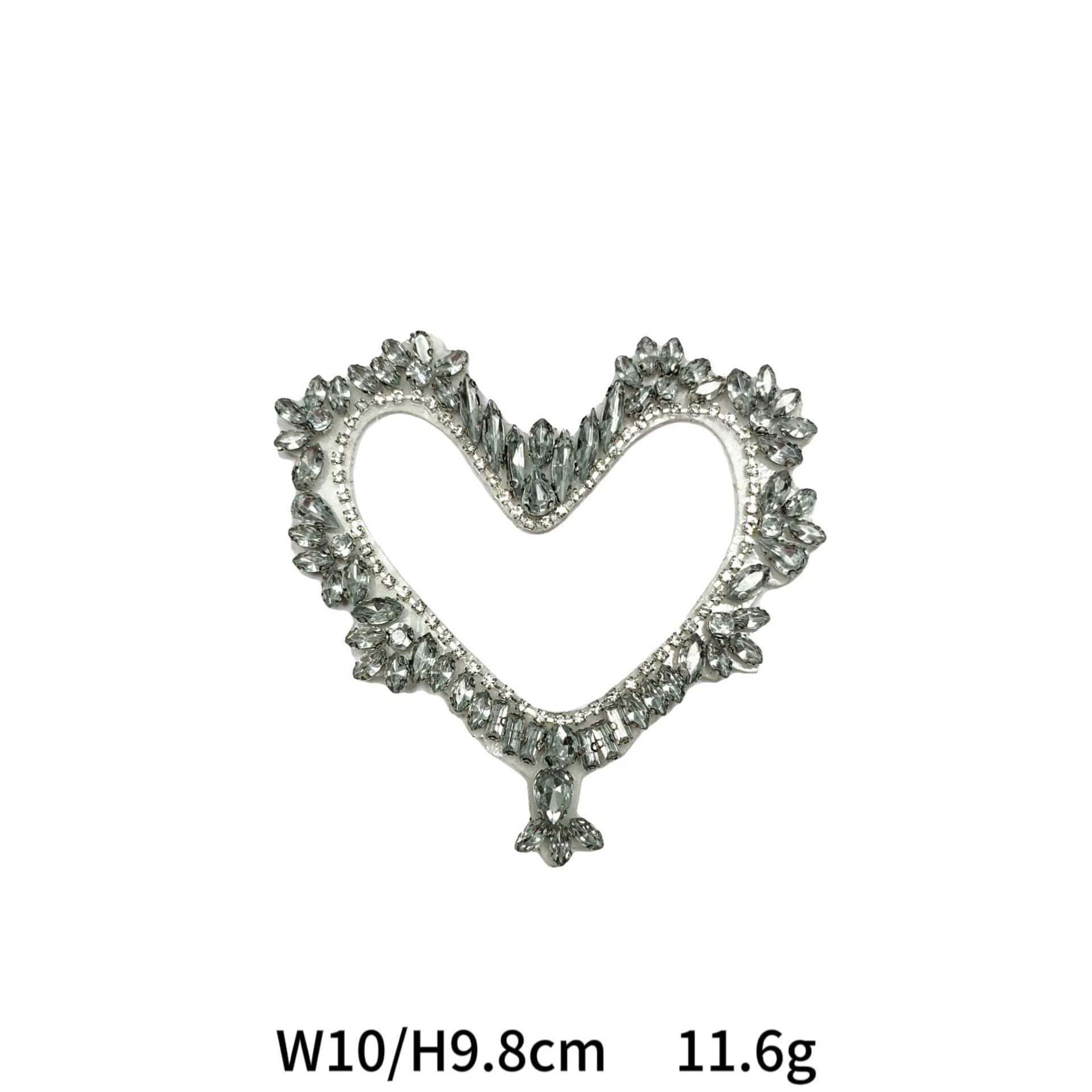 Silver hollow heart applique with rhinestone-style marquise border, W10/H9.8cm