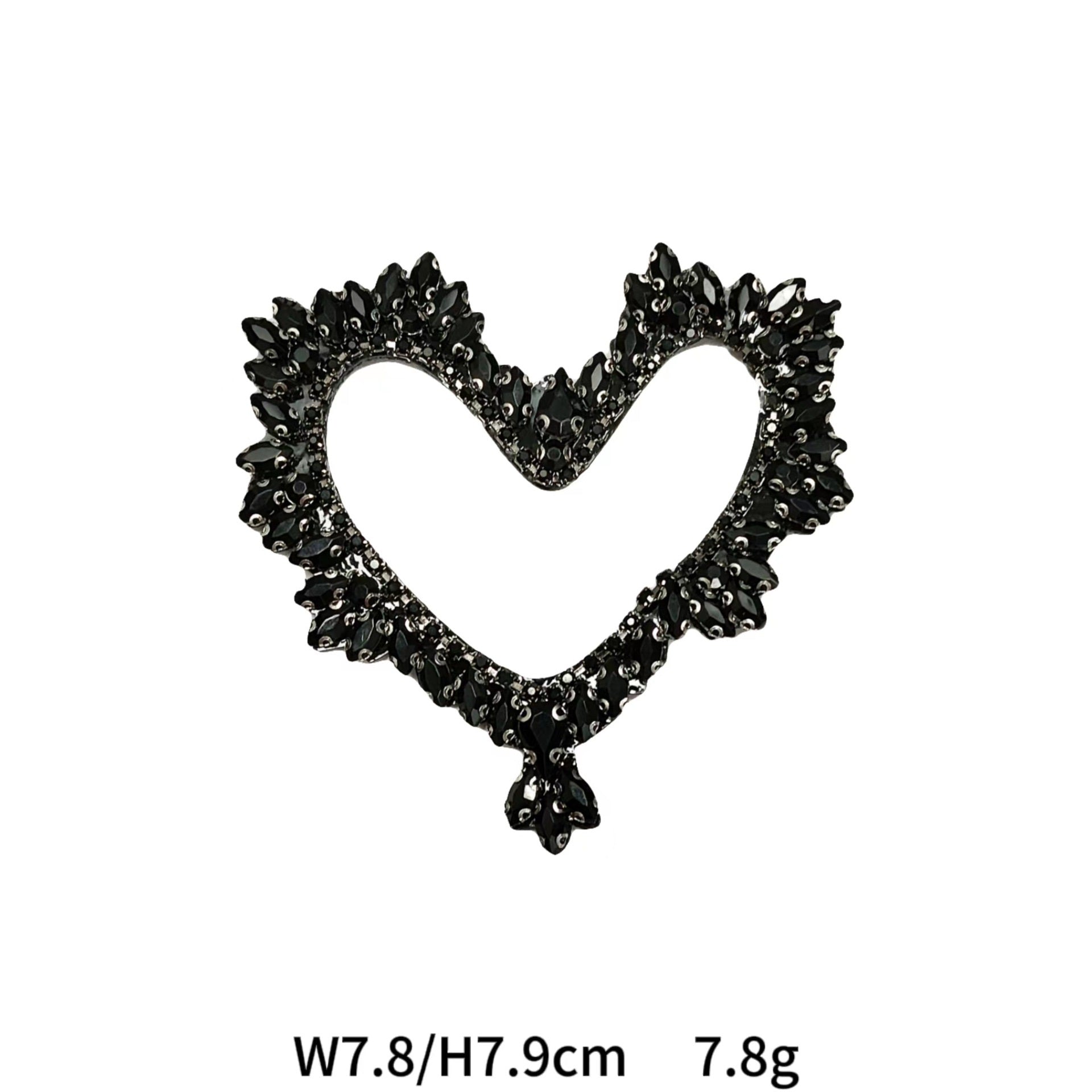 Black hollow heart applique with dark diamond bead border, W7.8/H7.9cm