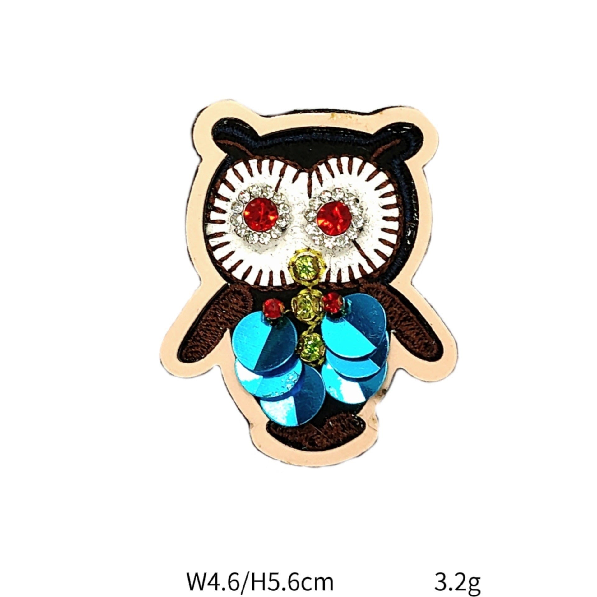 Beaded sequin owl patch with blue wing scales and red eye accents