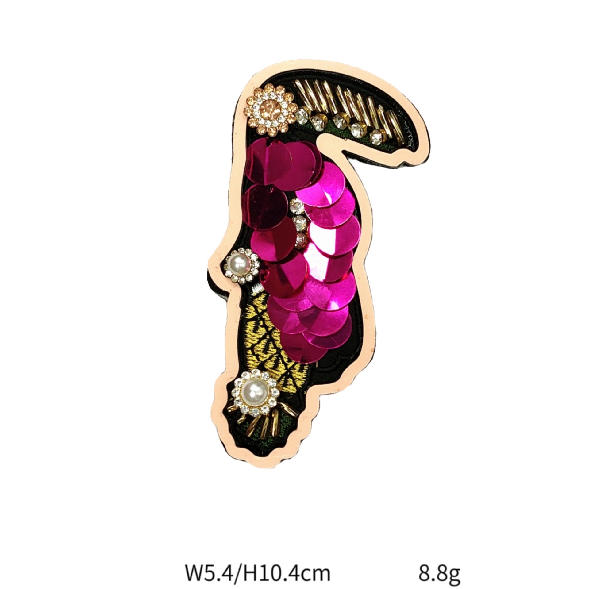 Beaded sequin bird patch with purple sequins and gold beak details