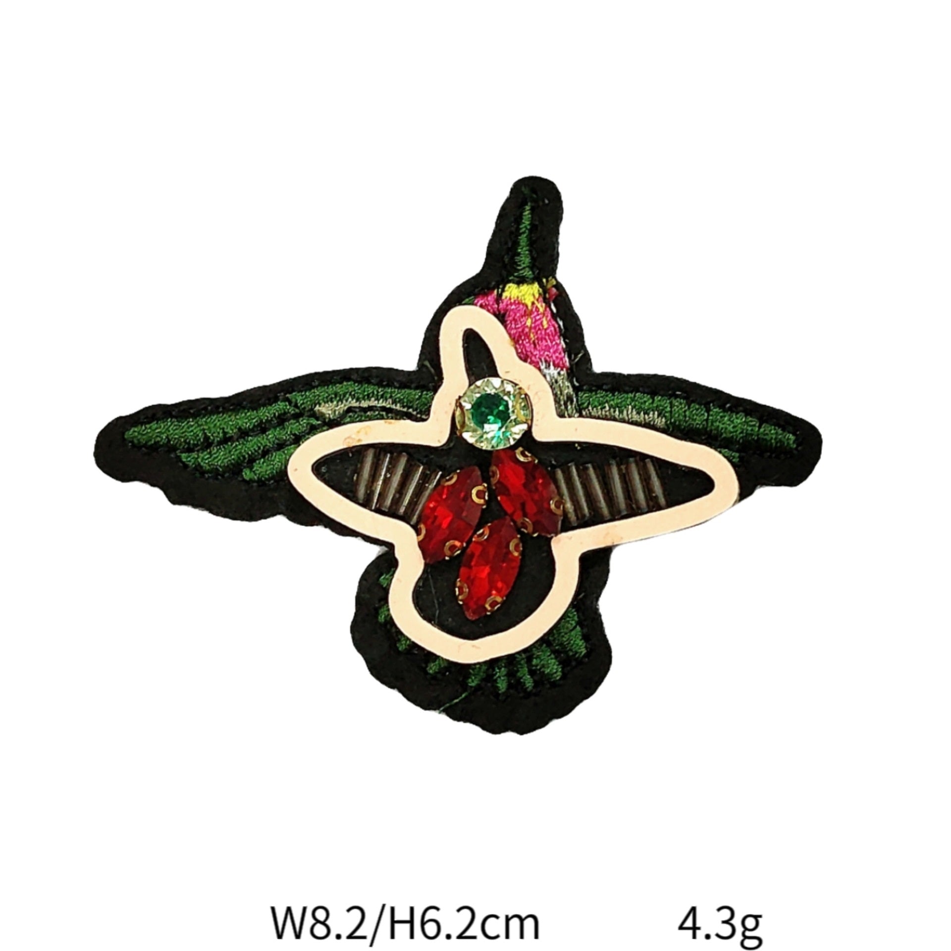 Beaded sequin star patch with green base, red accents and gem center