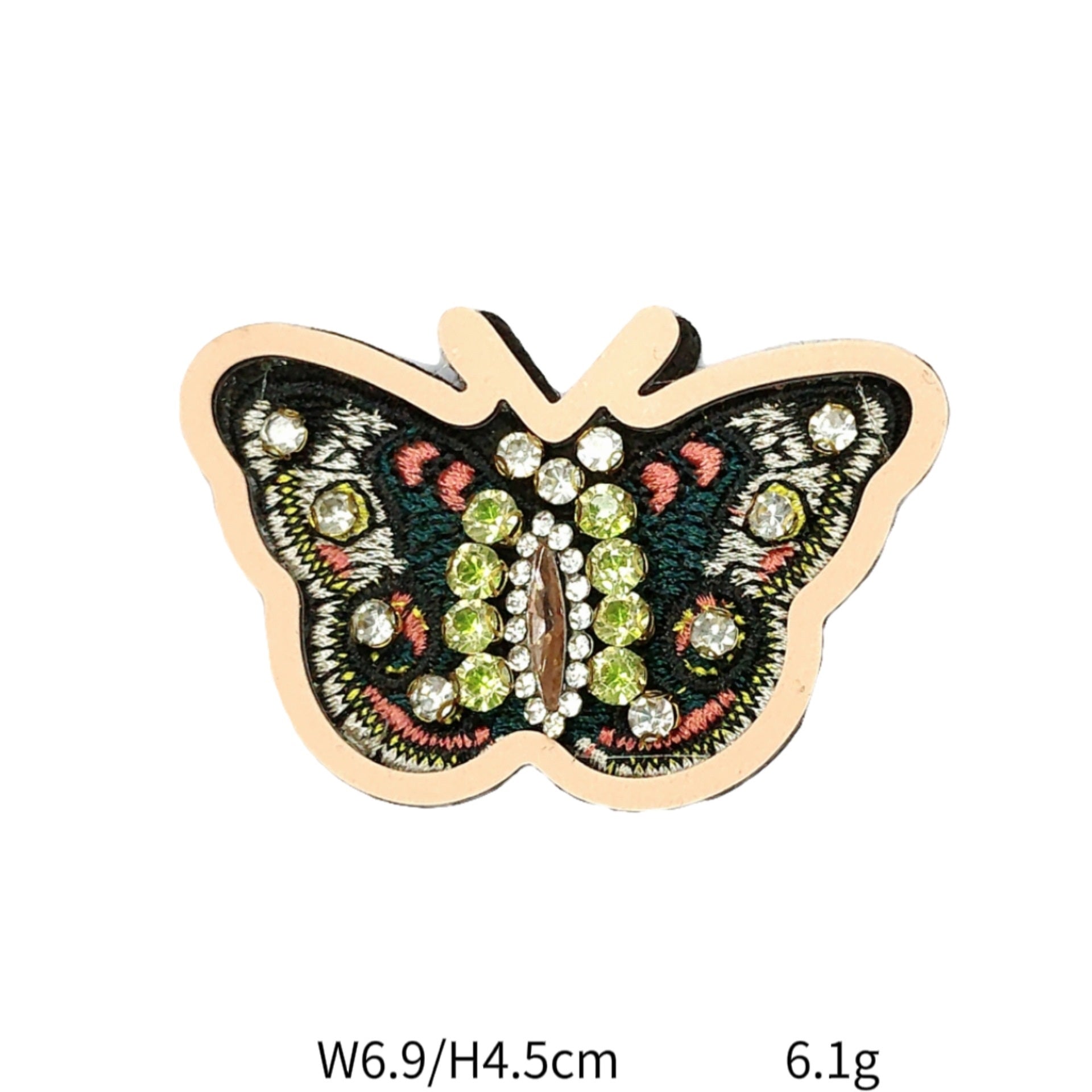 Beaded sequin butterfly patch with green body and multicolor embroidered wings