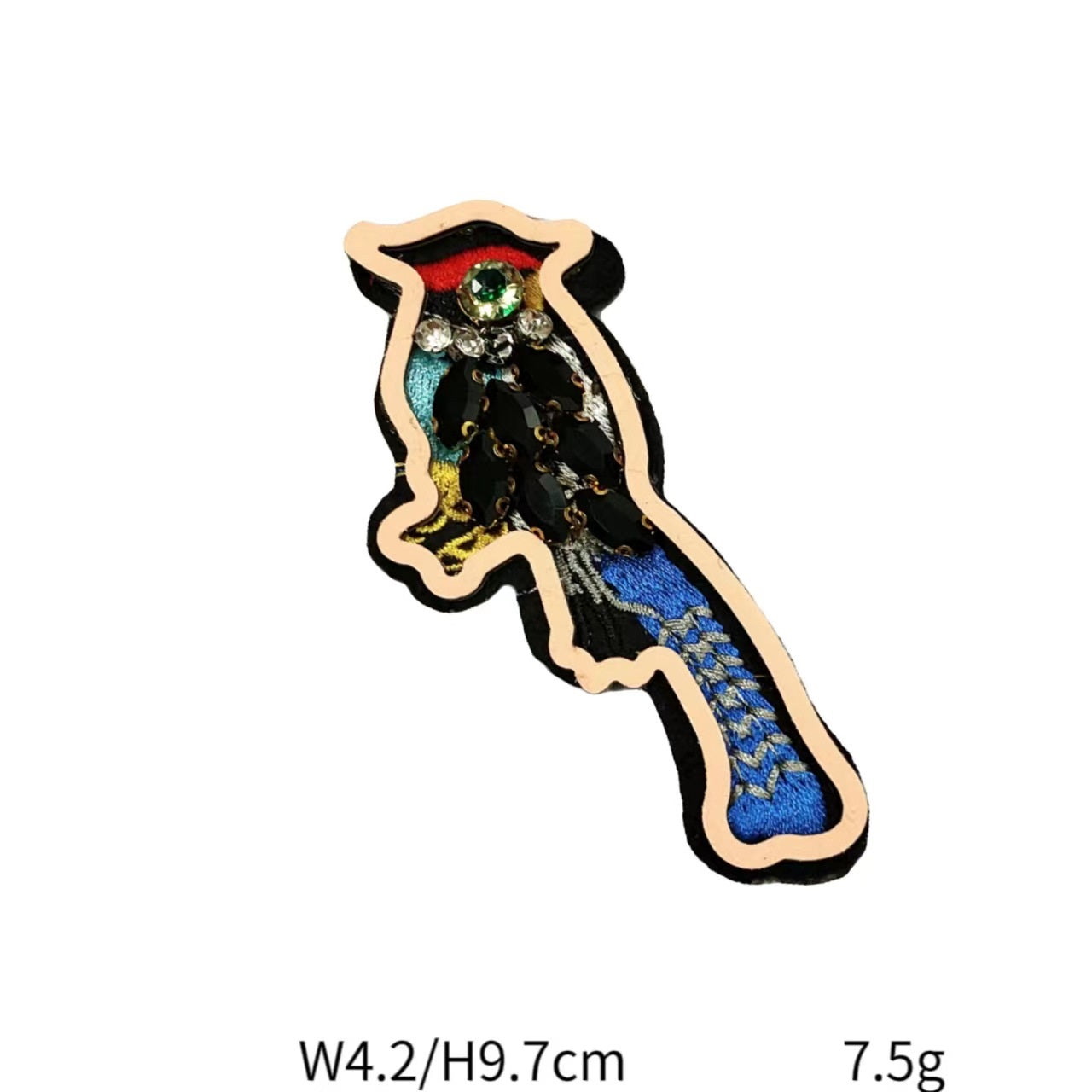 Beaded sequin bird-shaped patch with blue tail, green gem eye and red head details