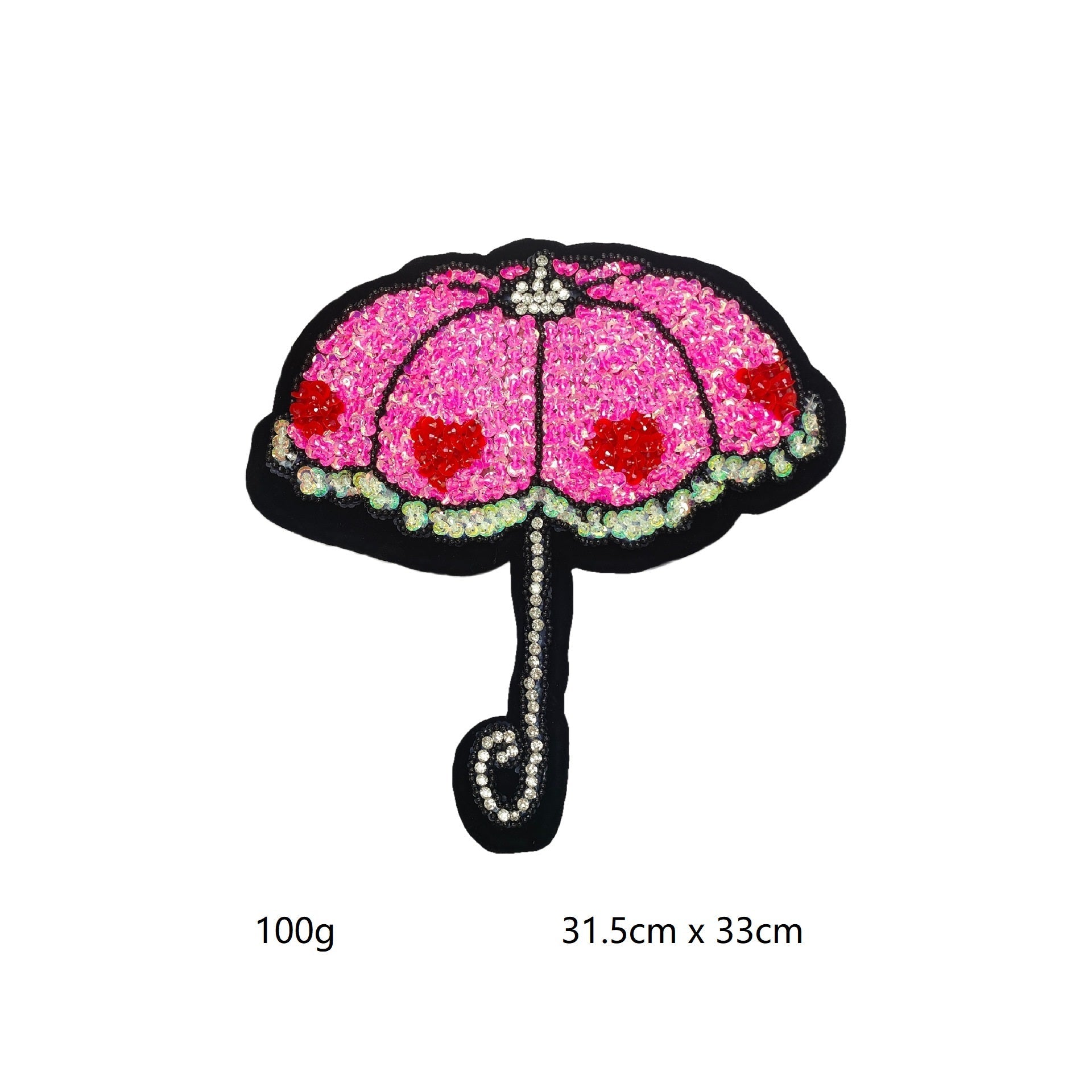Große Schirm-Applikation mit rosa Schirm, Strassblüten und Perlenkette, schwarze Kante