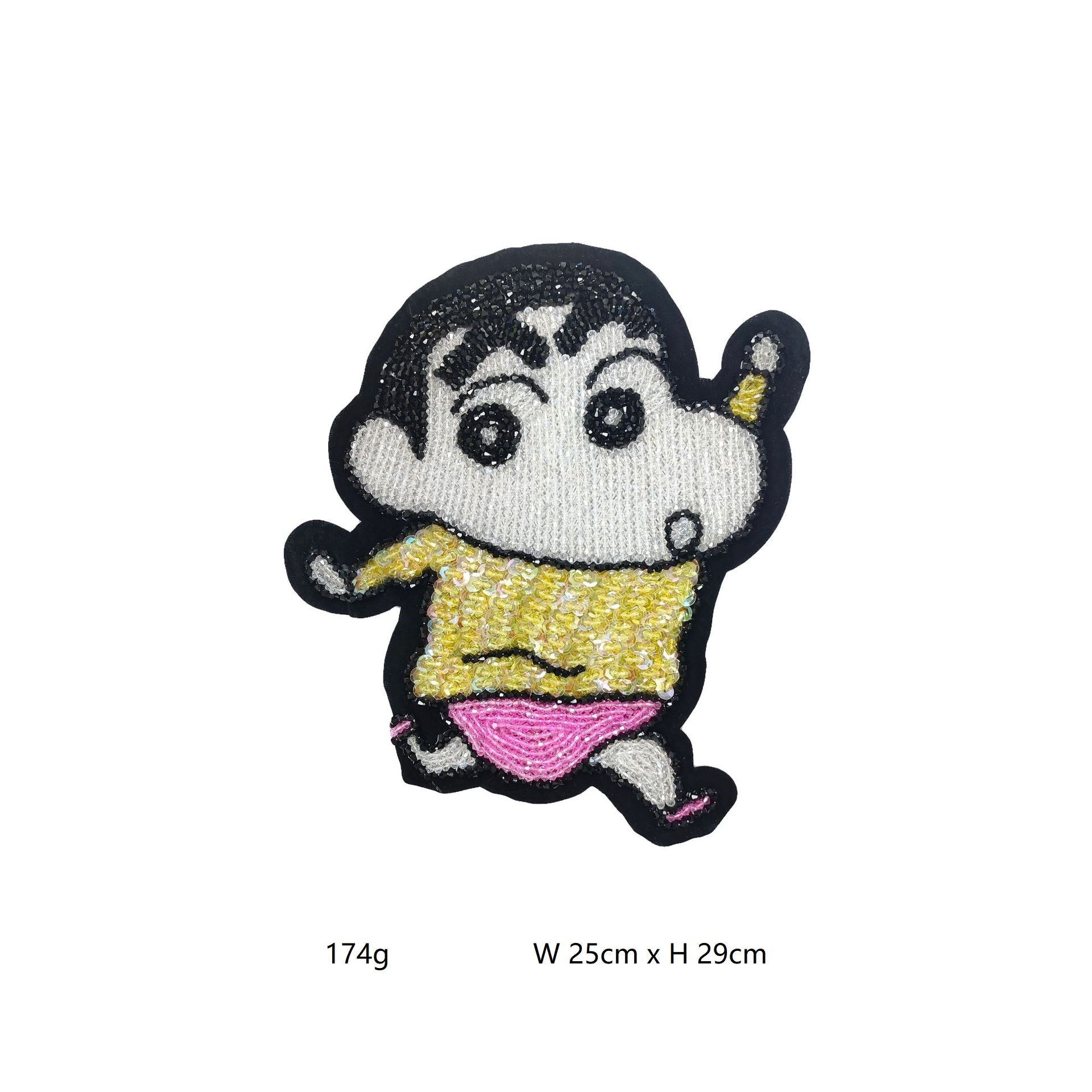 Shinchan-Applikation mit weißem Gesicht, gelbem Hemd und pinkem Rock, handbestickt mit Strass