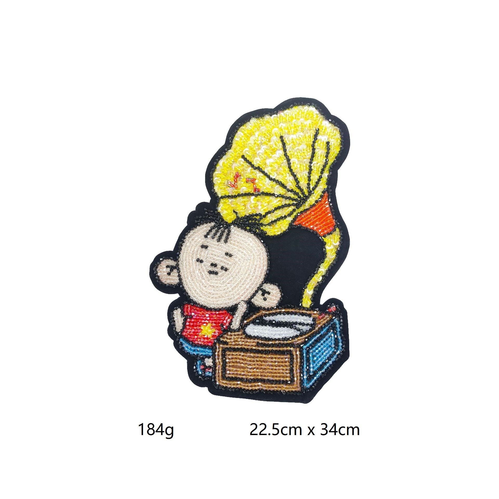 Shinchan-Applikation mit gelbem Fächer, weißem Gesicht und blauer Tasche, Strass und Perlen