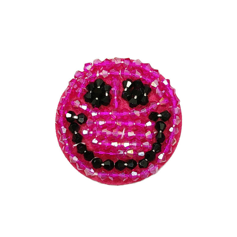 Pink sequin smiley face fabric patch, round, 2-inch