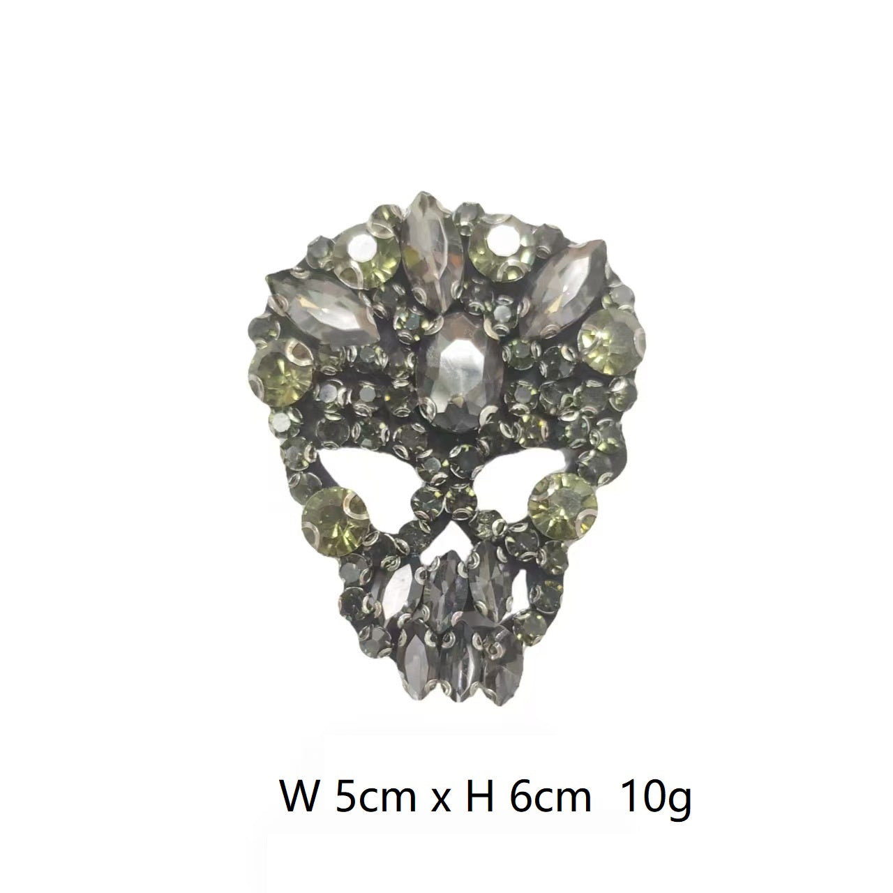 Crystal rhinestone skull patch with smoky gray stones and clear oval highlights