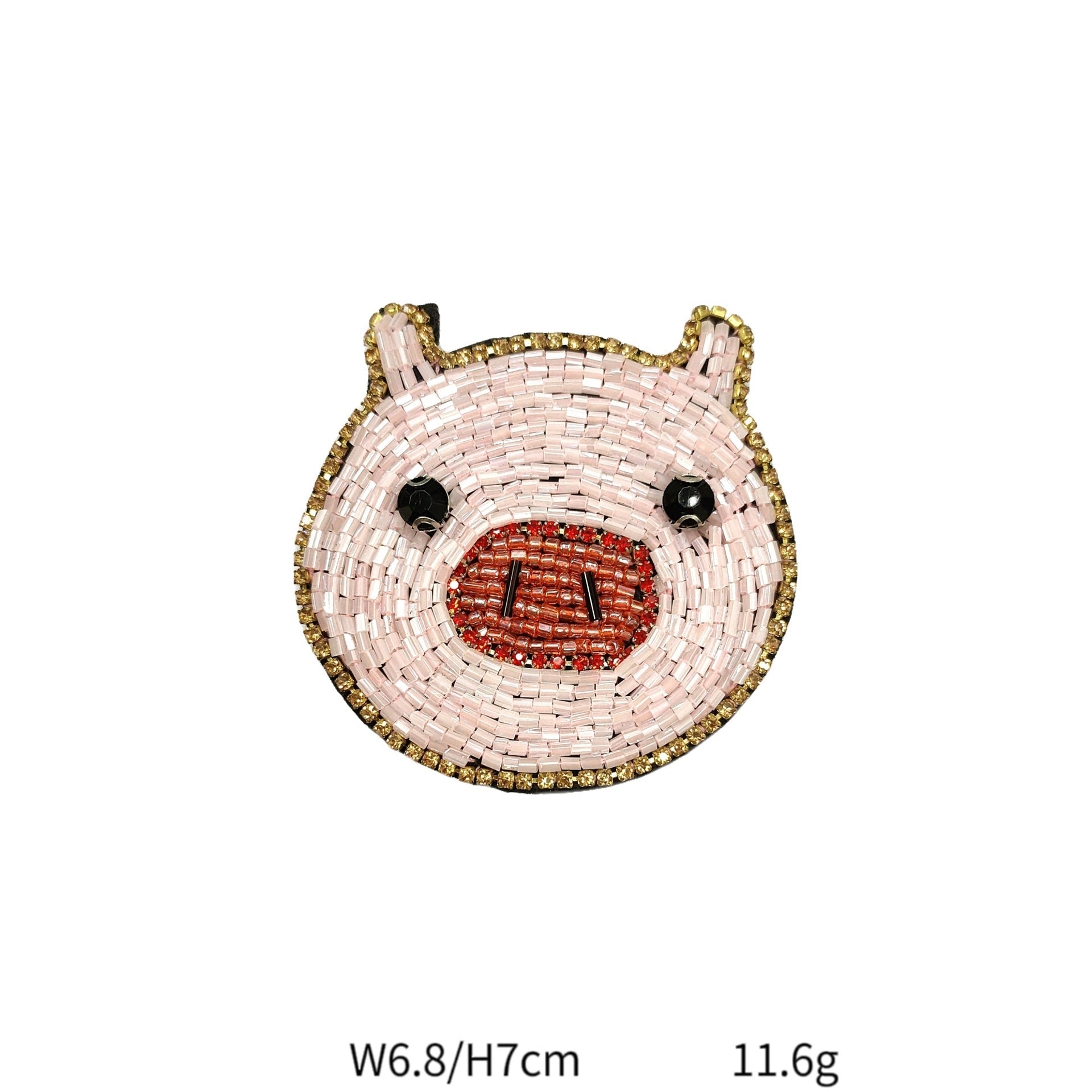 Pig head beaded crystal fabric patch, pink face with dark eyes and gold border