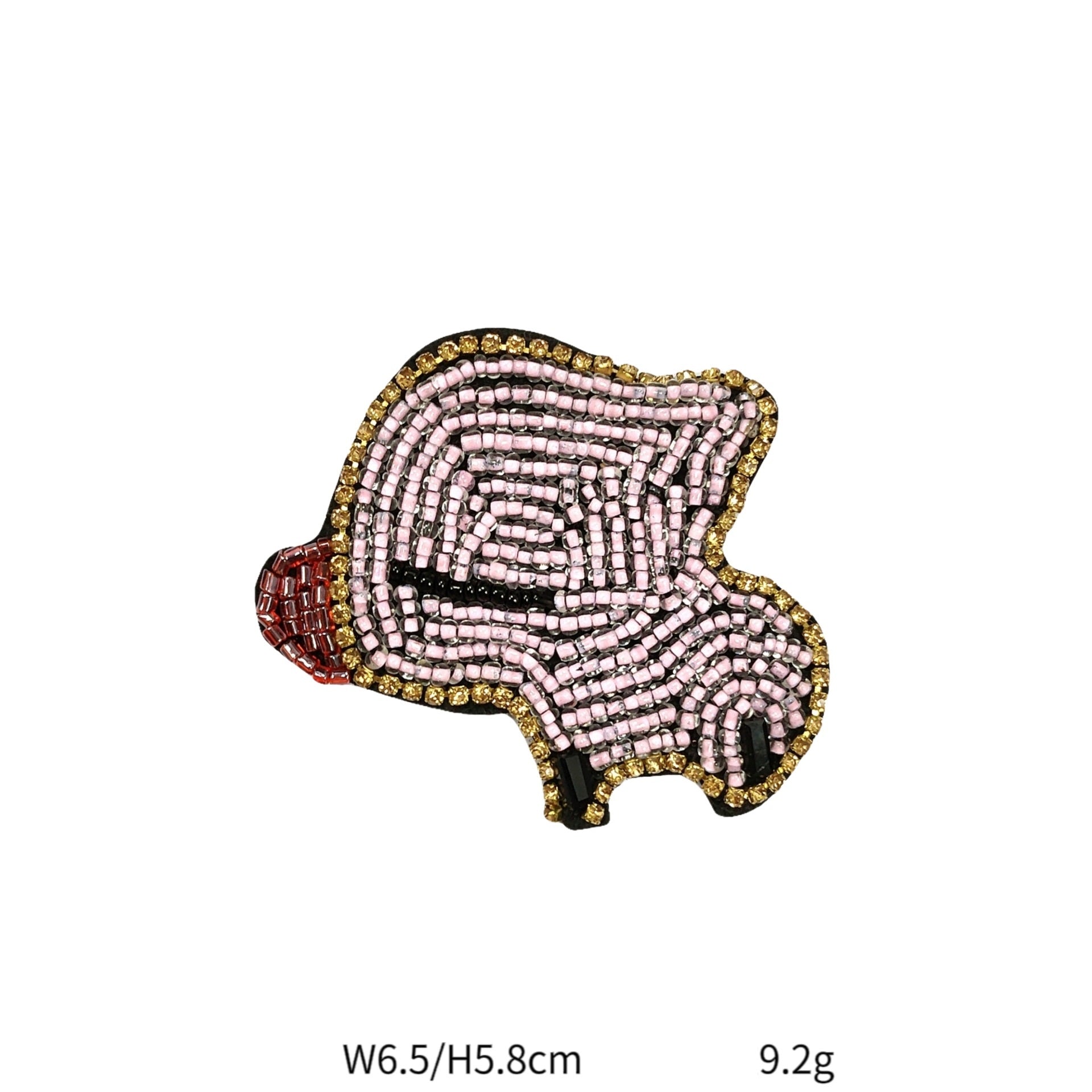 Pig silhouette beaded crystal patch, light pink stripes with gold edge and red ear