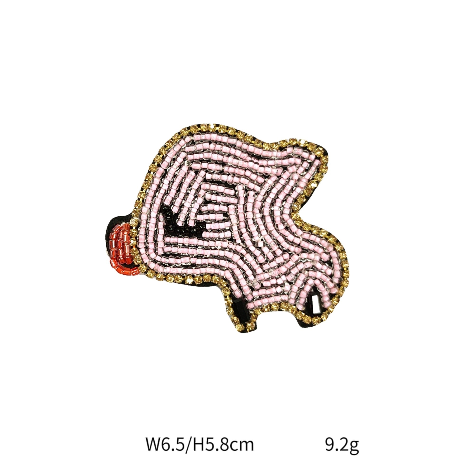 Pig silhouette beaded crystal patch, light pink striped beads with red ear detail