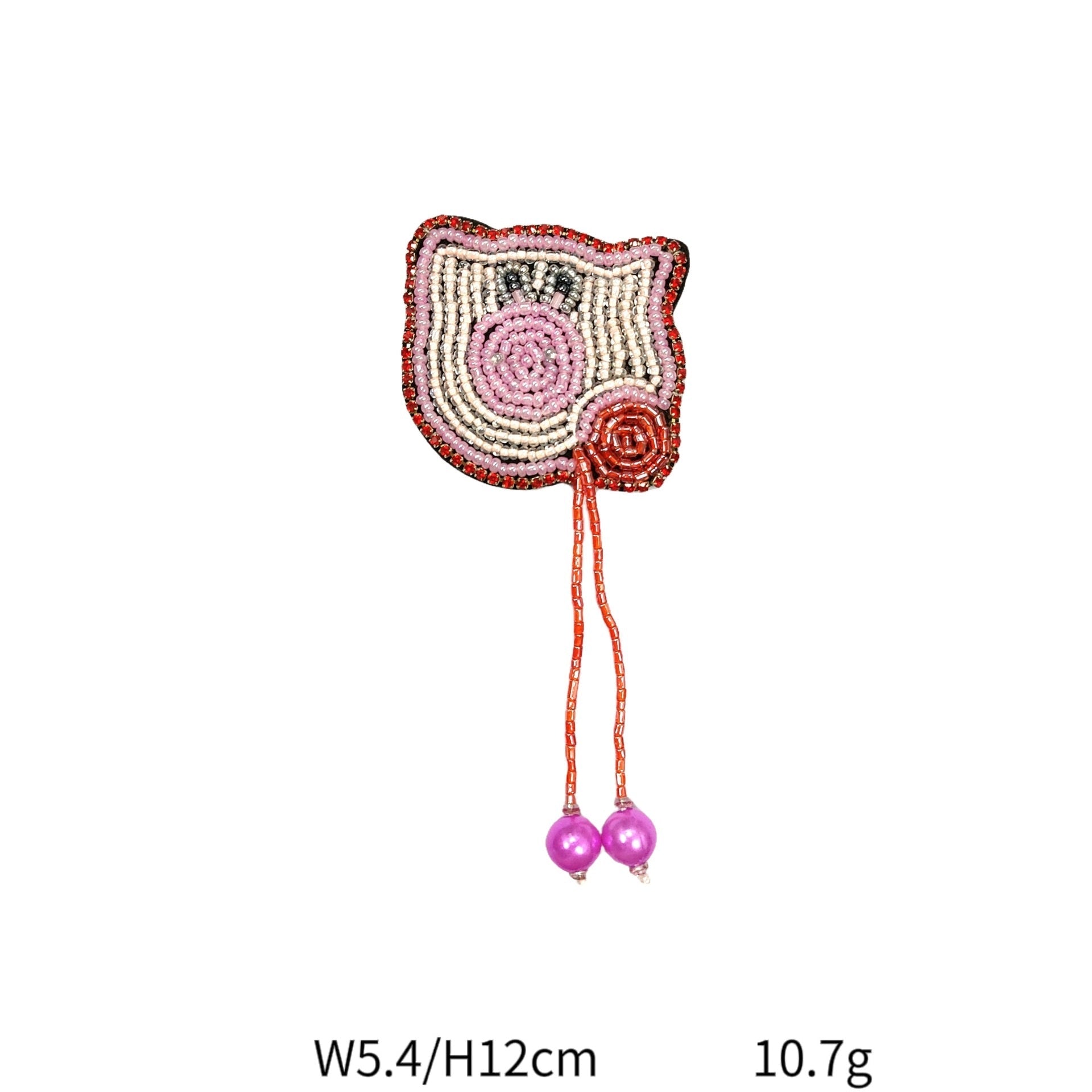 Pig head beaded crystal patch with dangling red cord and pink bead drops