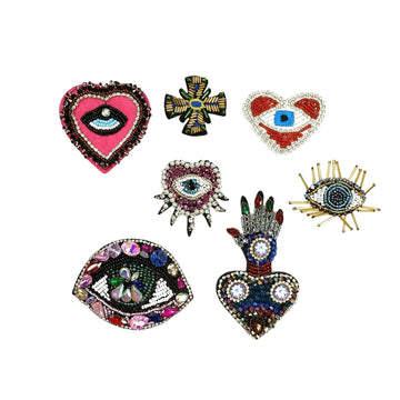 Bunt verzierte Augen- und Herzmotive-Patches mit Strass und Perlen, 7er Set