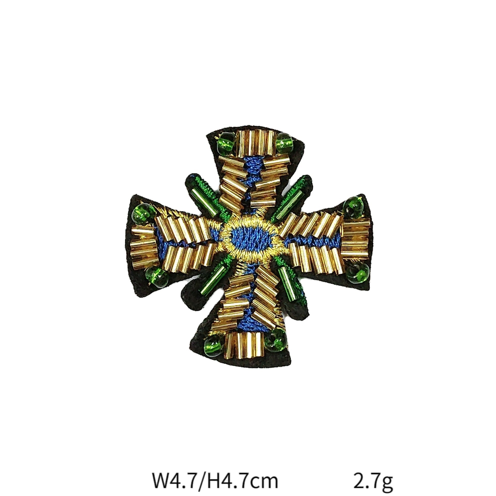 Kreuzförmiges Perlen-Patch mit blauem Auge, goldenen Stickereistreifen und grünen Steinen