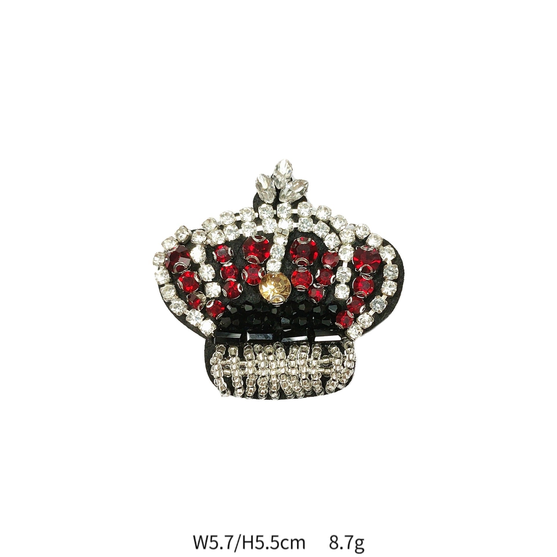 Red rhinestone crown applique with silver spikes and gold trim