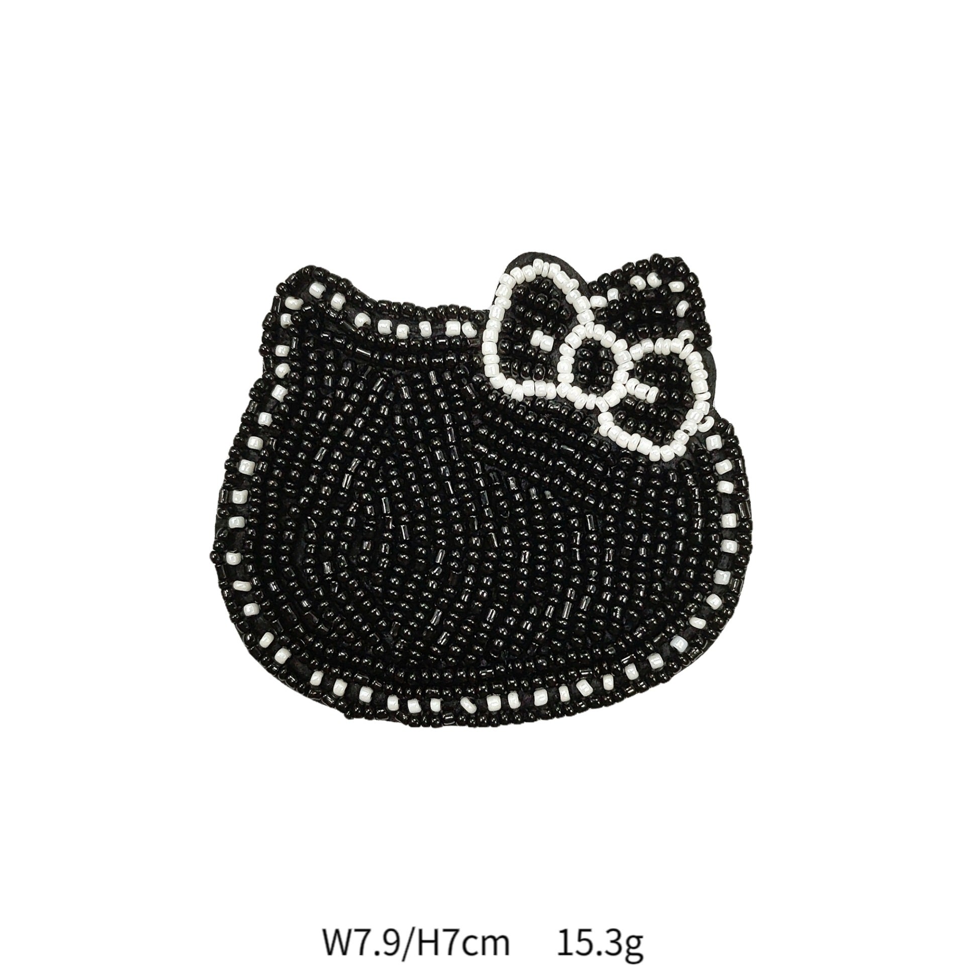 Black cat face applique with white bow, rhinestone border and stitched texture
