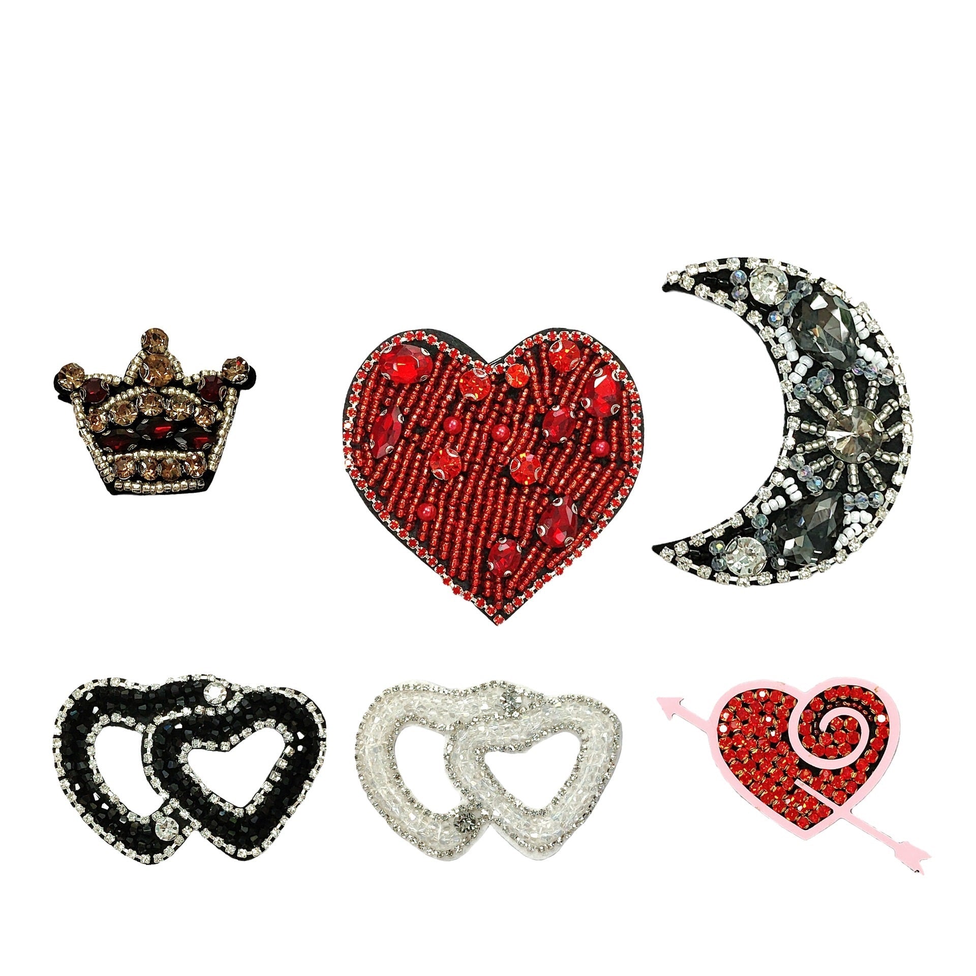 Set of 6 sequin bead patches: crown, red hearts, black moon, black & crystal hearts