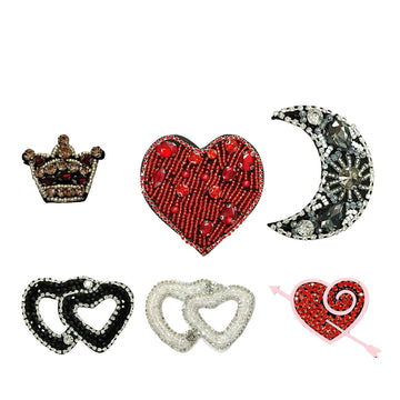 Set of 6 sequin bead patches: crown, red hearts, black moon, black & crystal hearts