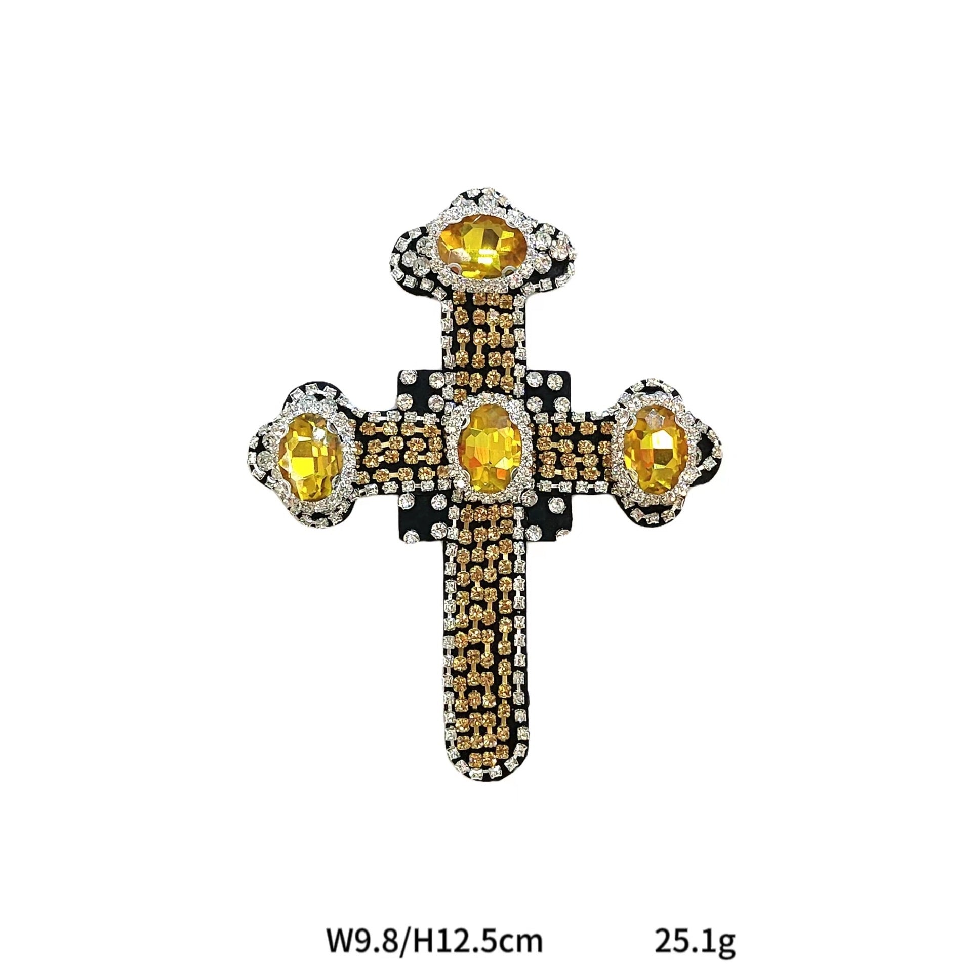 Yellow-gold beaded cross patch with rhinestone accents; 9.8×H12.5cm, 25.1g.