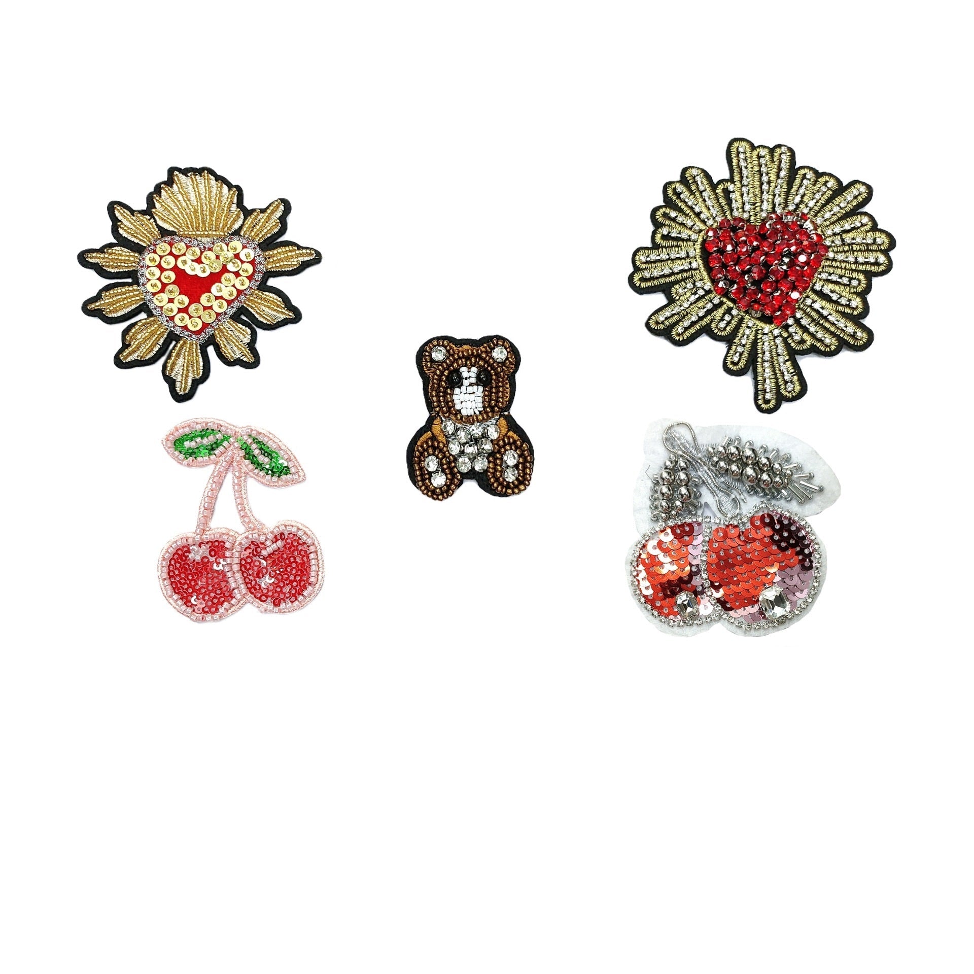Hand-embroidered sequin appliqué set: floral heart, red heart burst, bear, and cherry pair