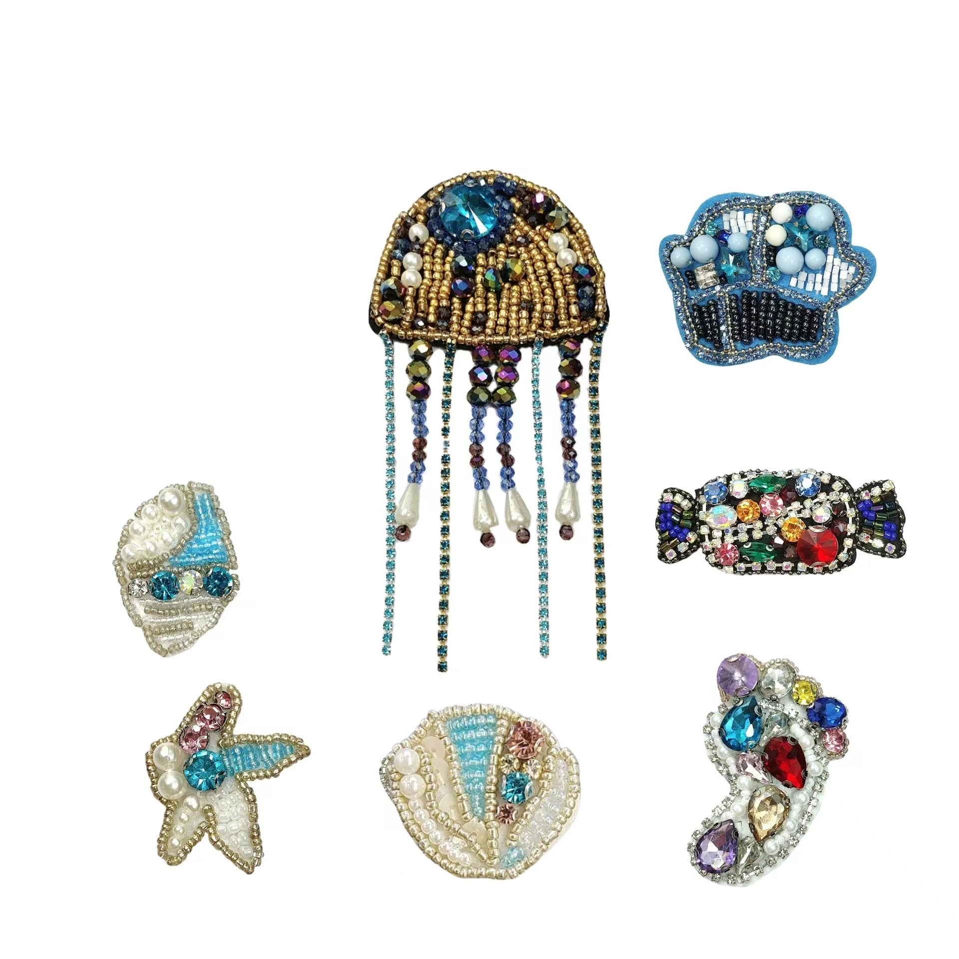 7er Set Strass-Applikationen mit Seestern- und Quallenmotiven, Perlen und Glitzersteinen