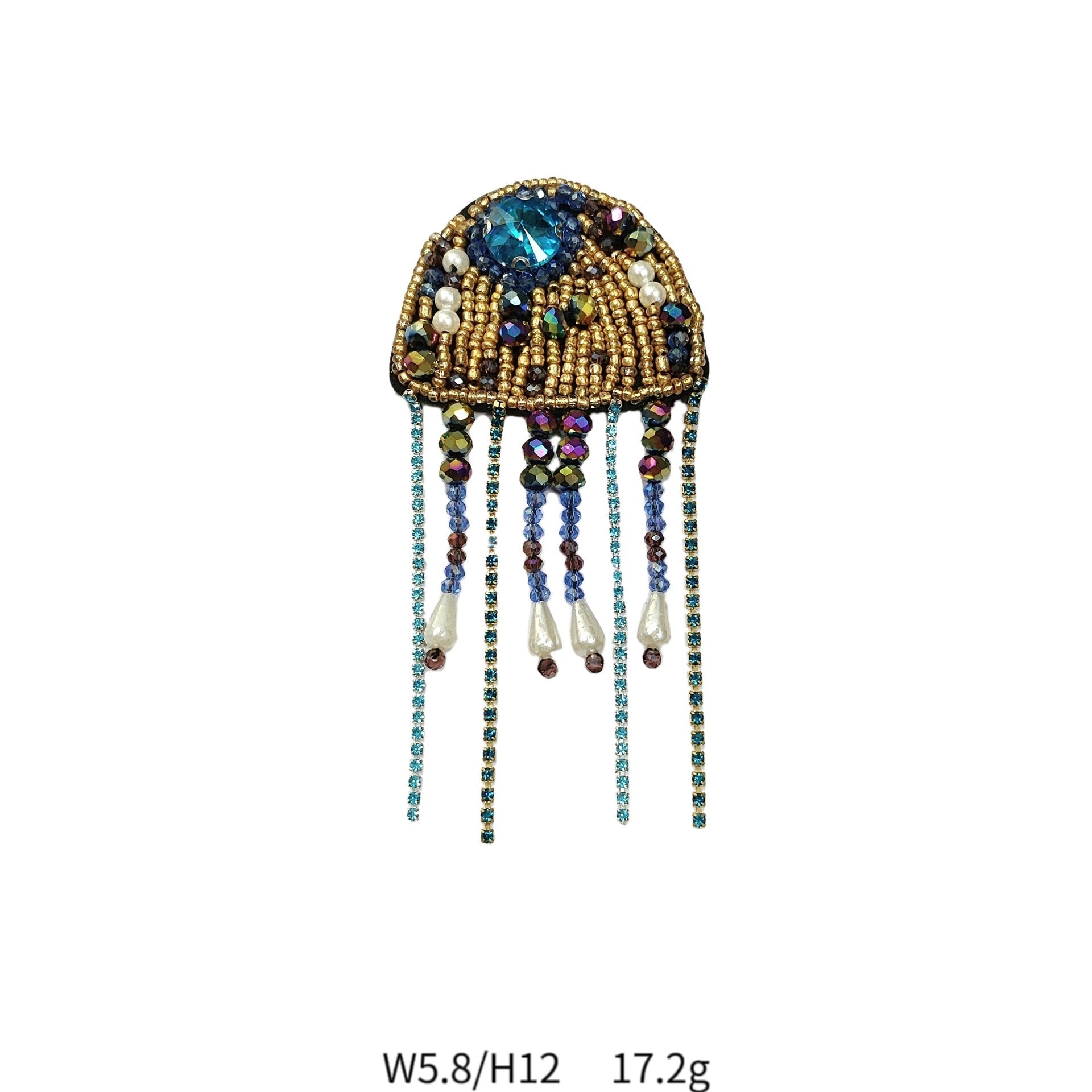 Quallen-Applikation mit Strass, Perlenfäden und Tropfenanhängern in Blau und Gold