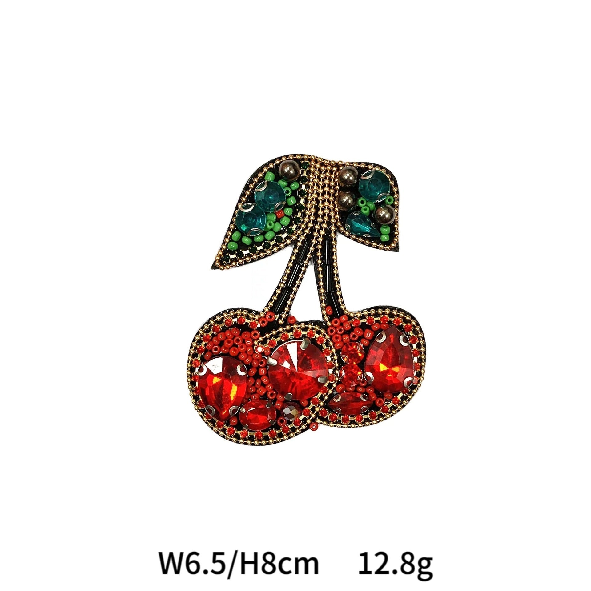 Beaded rhinestone cherry animal applique with gem-like red stones and green accents
