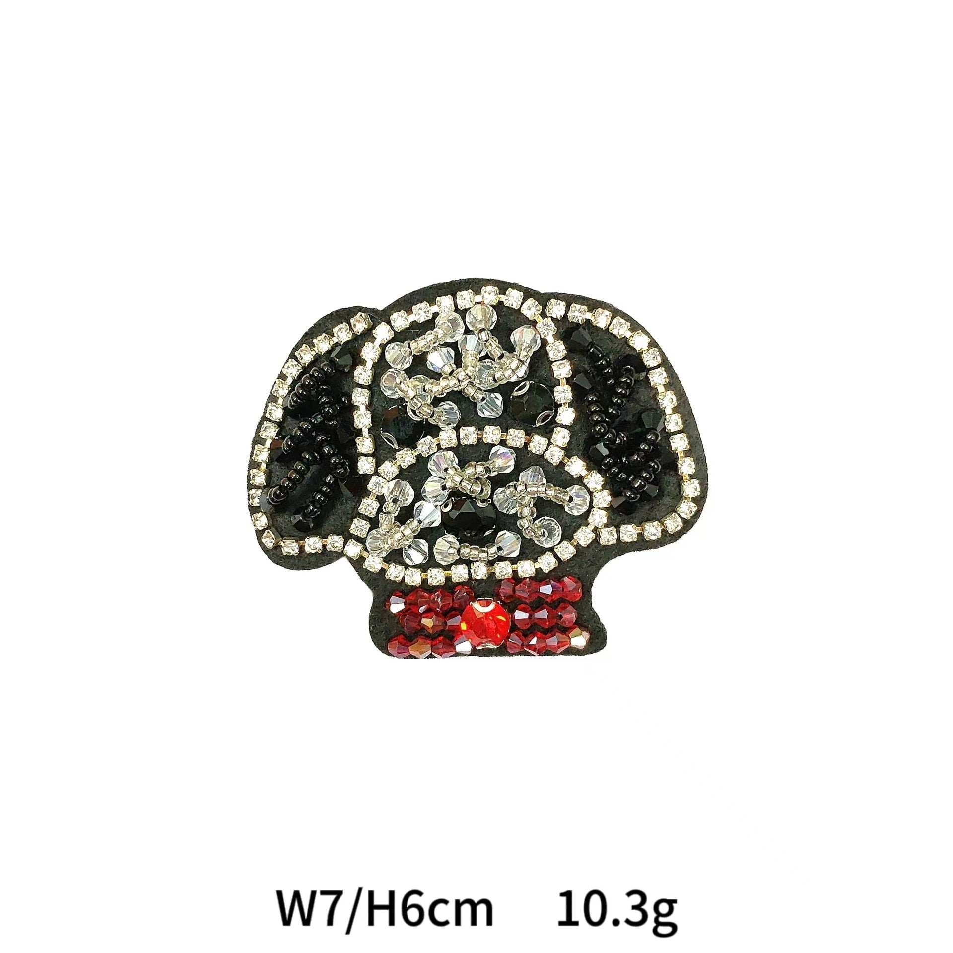 Dog animal applique with clear rhinestones and red bead base, bordered with silver trim