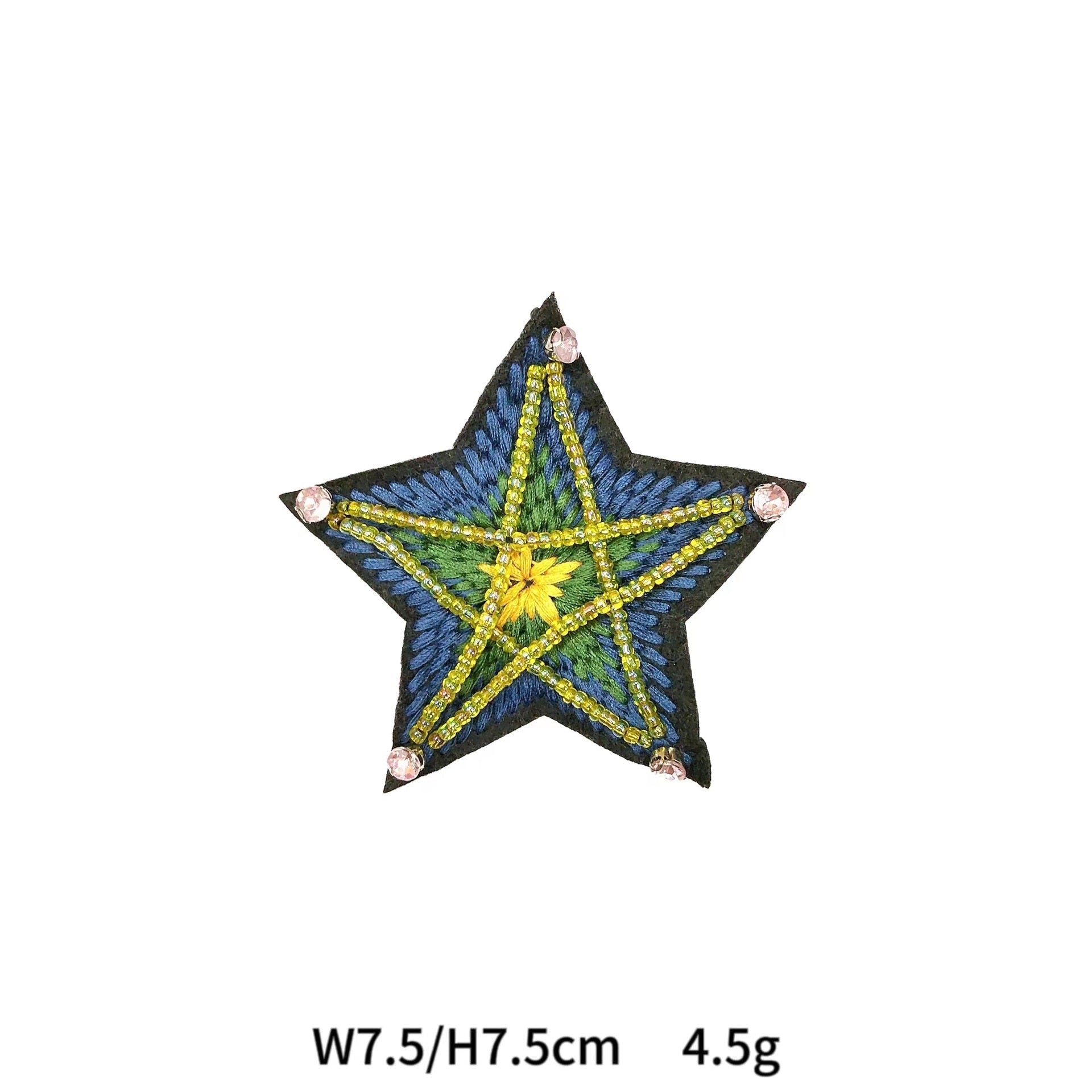 Blue star-shaped beaded rhinestone applique with yellow star center and pink corners