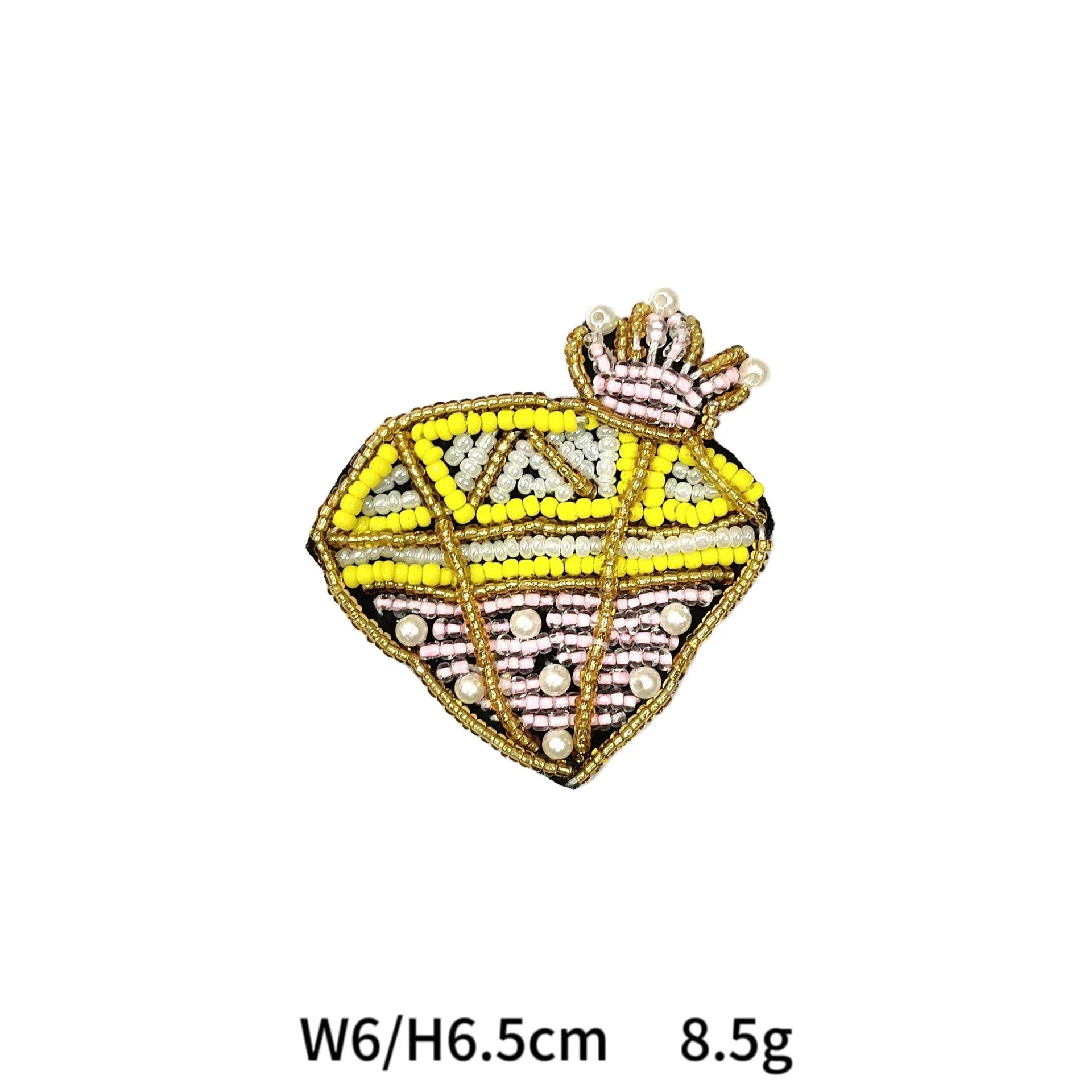 Diamond-shaped beaded rhinestone applique with yellow stripes, pink crown, and pearl dots