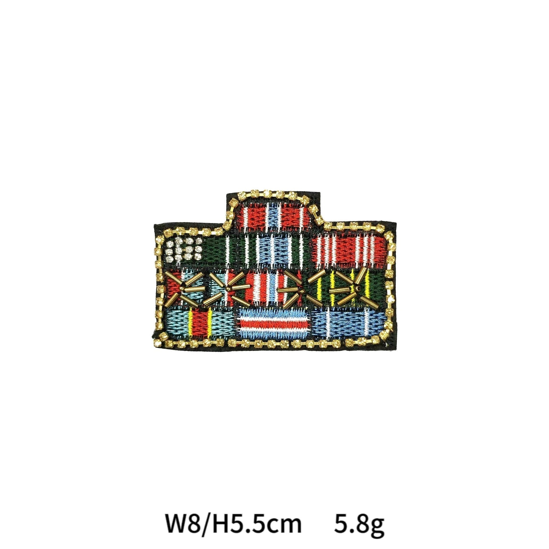 Rectangular dog-pattern applique with multicolor stitched stripes and gold beaded border
