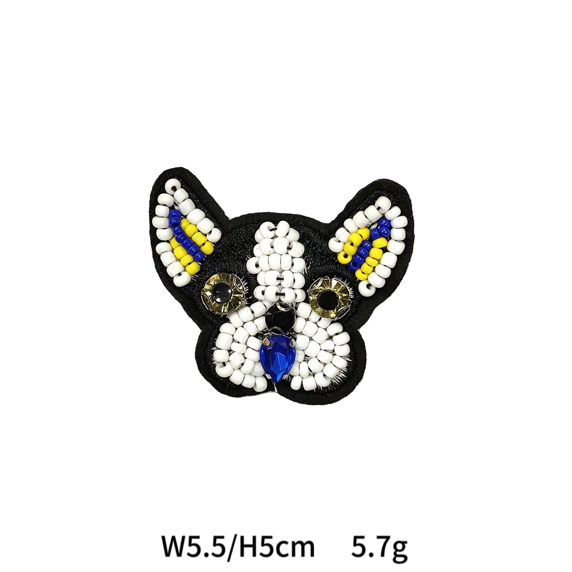Black cat beaded rhinestone applique with blue and yellow ear details and gold center gem