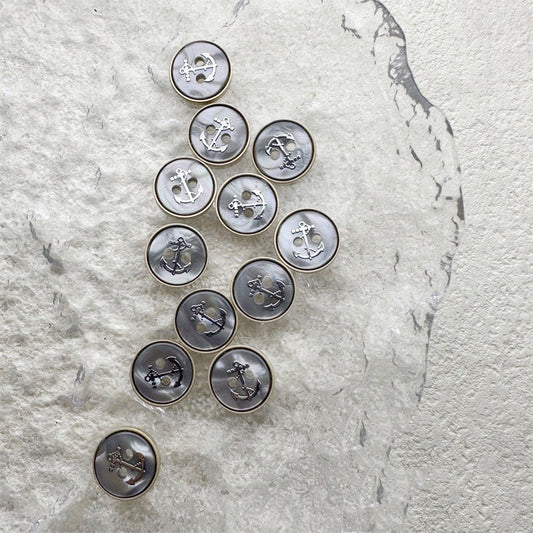 12mm Grey resin 2-hole buttons with anchor design, 20-pack