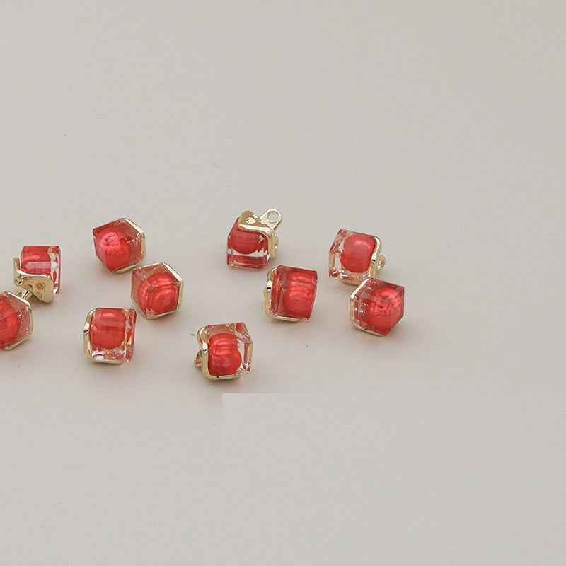 Red 11mm square resin buttons with metal loops