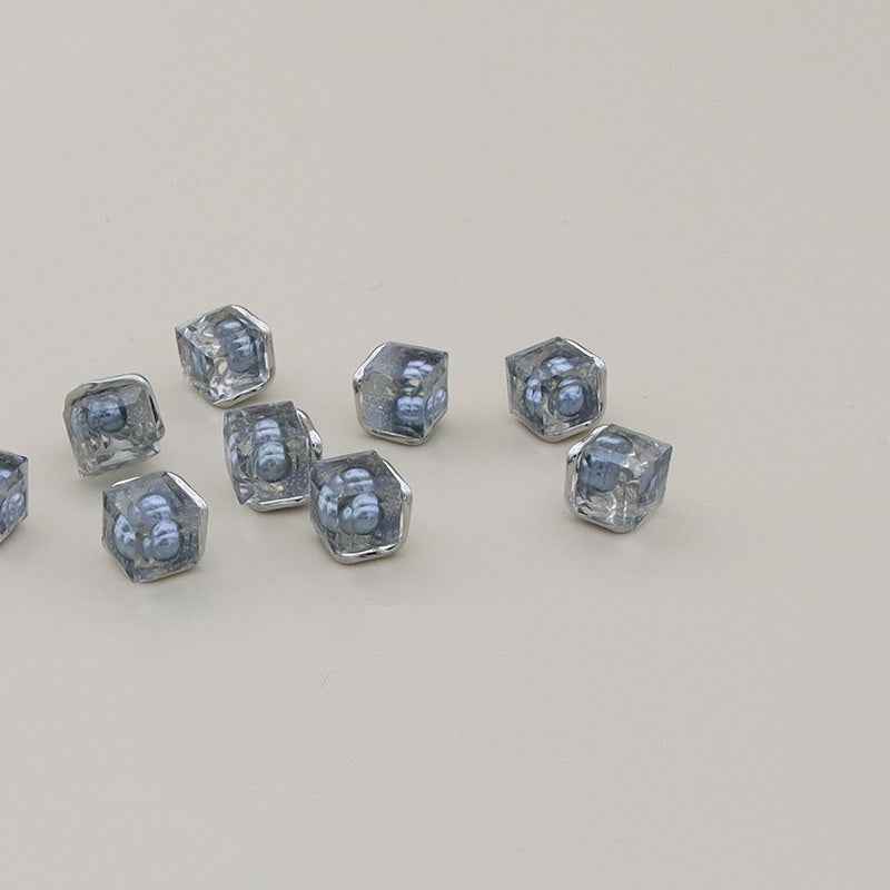 Grey-blue 11mm square resin buttons with metal loops