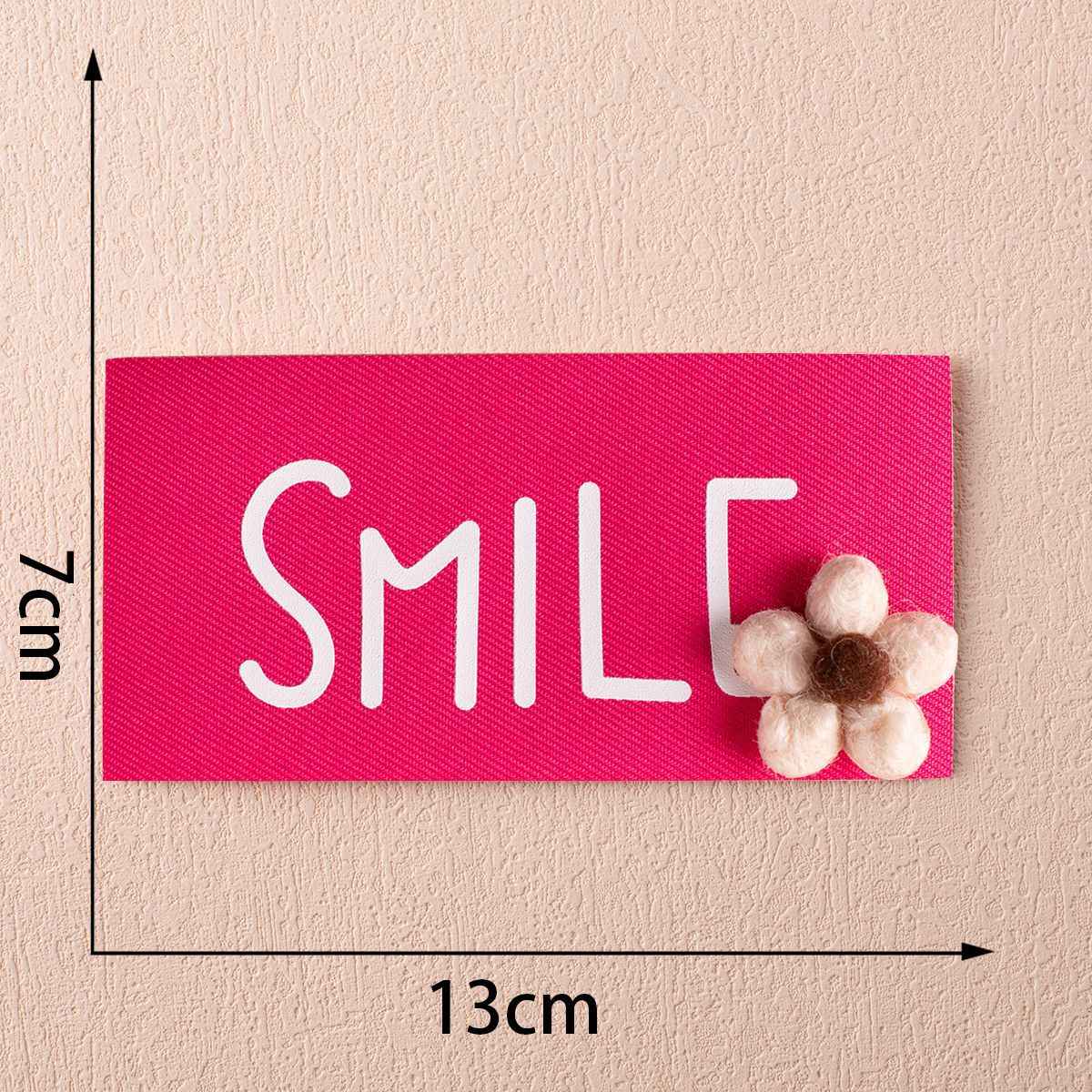 13cm SMILE badge, fuchsia fabric with white flower embellishment