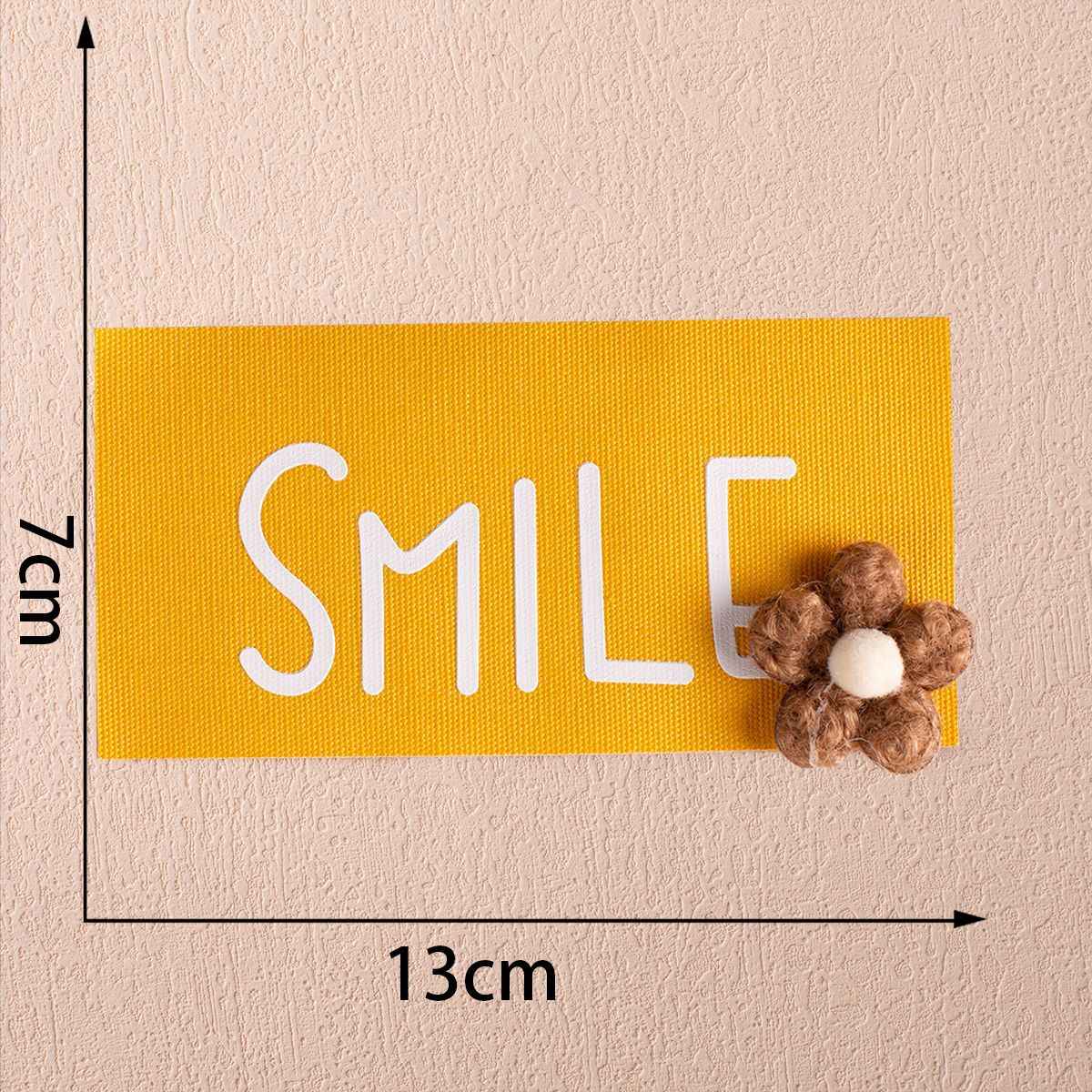 13cm SMILE badge, yellow fabric with brown flower embellishment