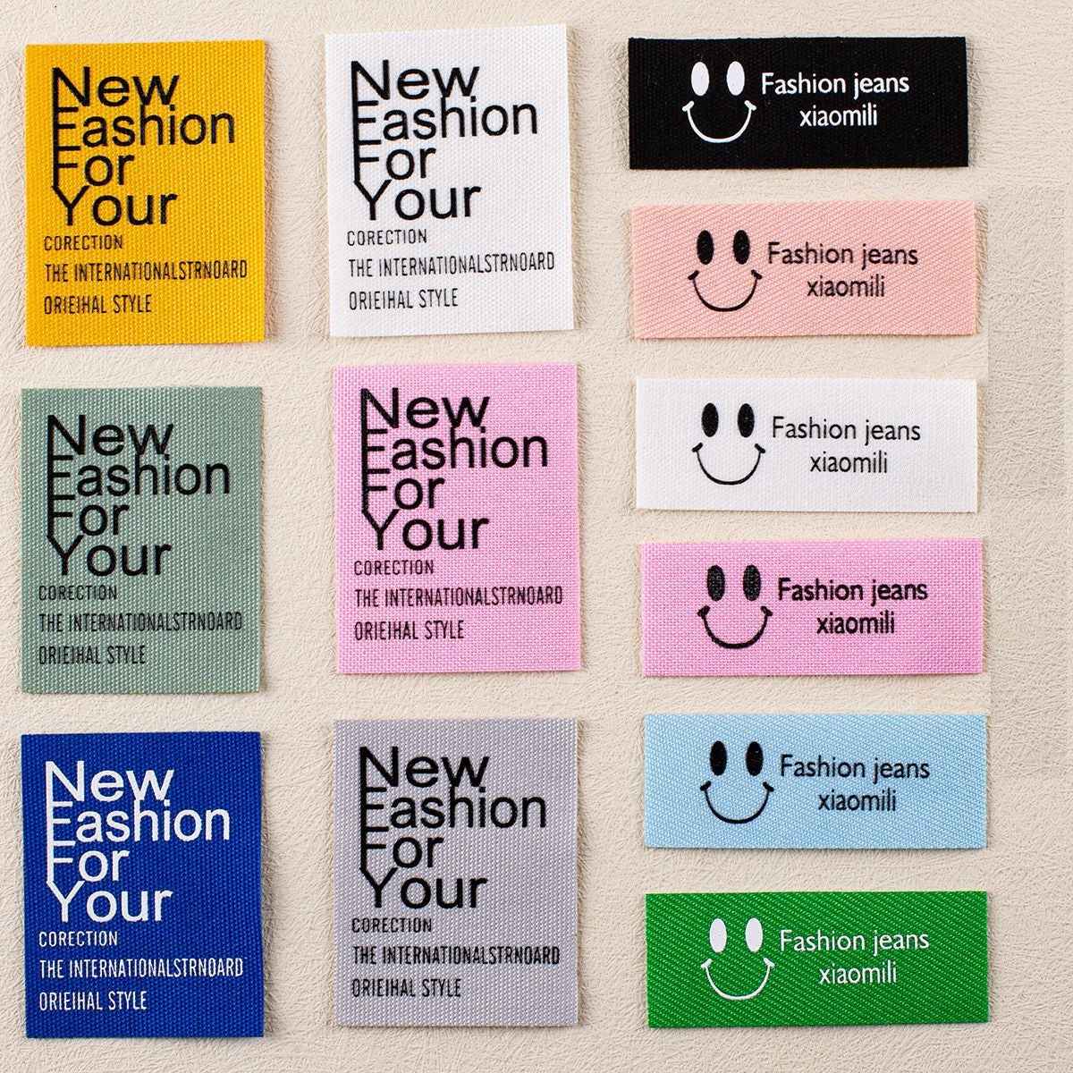 Printed fabric label set: New Fashion For Your, assorted colors, 12 pcs