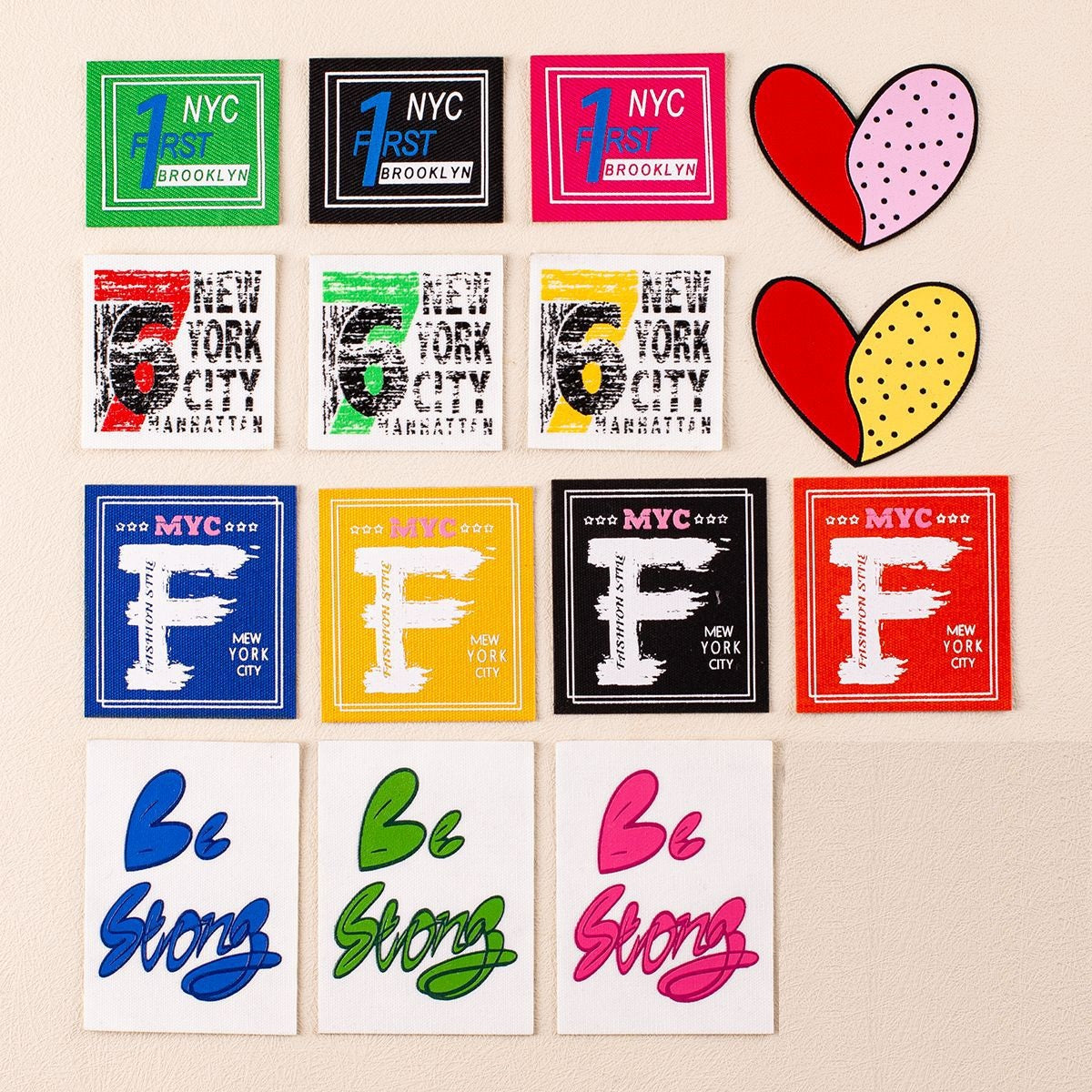 Handmade self-adhesive fabric label set: NYC square designs, hearts, and word patches