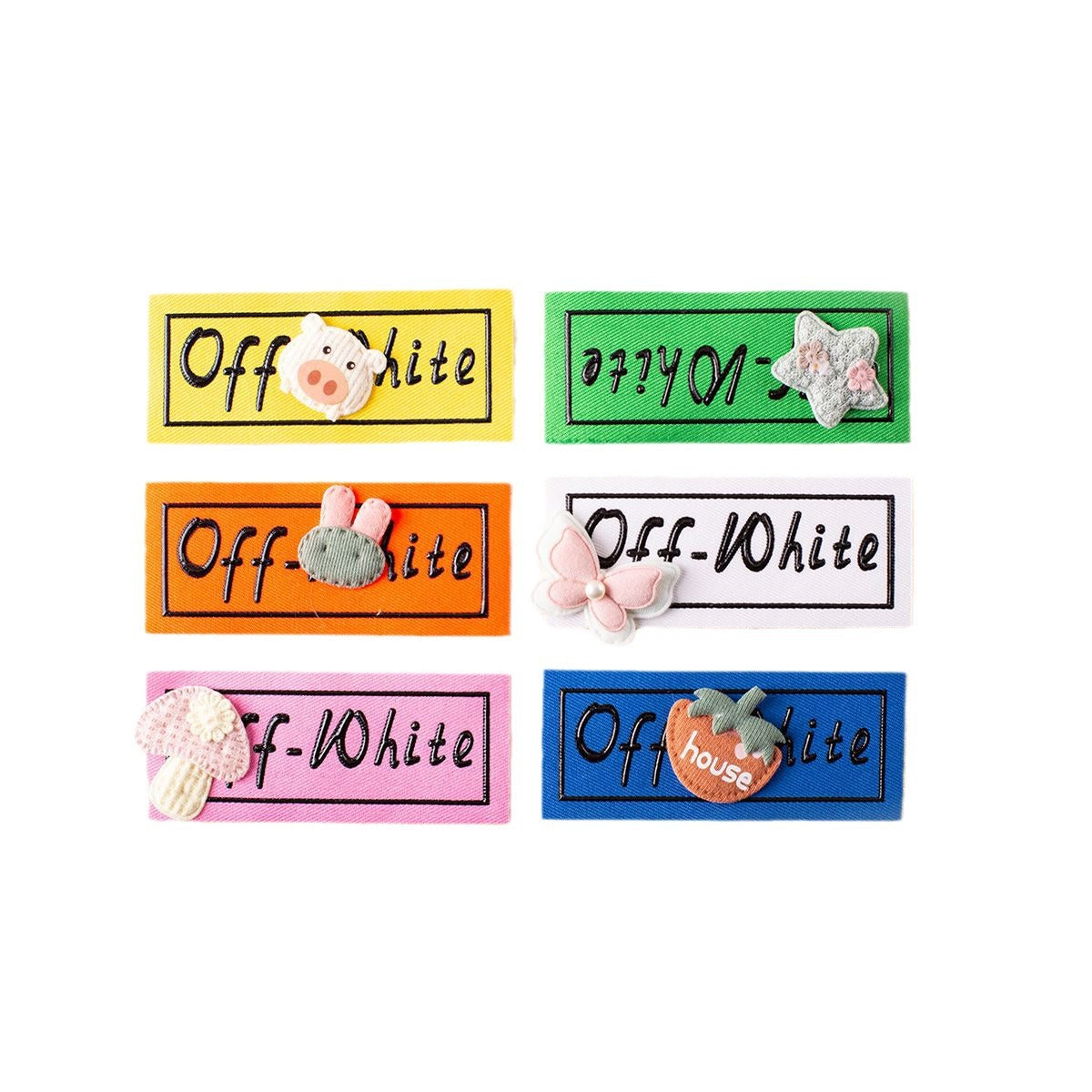 Off-White handmade fabric label set of 6, with 3D appliqué accents