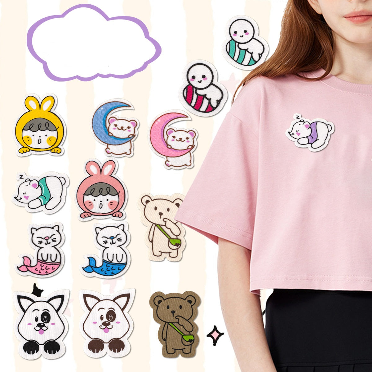 Cartoon animal self-adhesive patches, assorted cute animals shown on a pink shirt