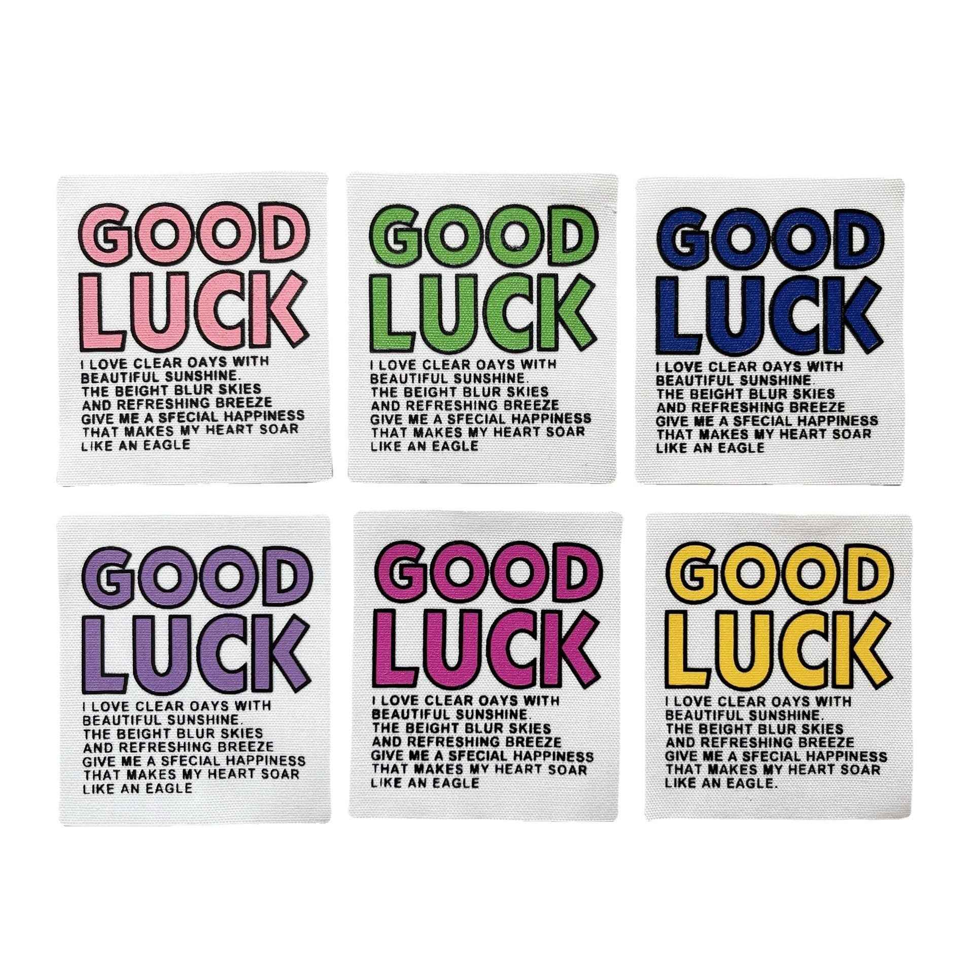 6-pack fabric patches “GOOD LUCK” in multiple colors, 8x7cm