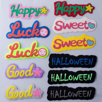Colorful 3D fabric patches with Happy, Luck, Sweet, Good, Halloween (11-pack)