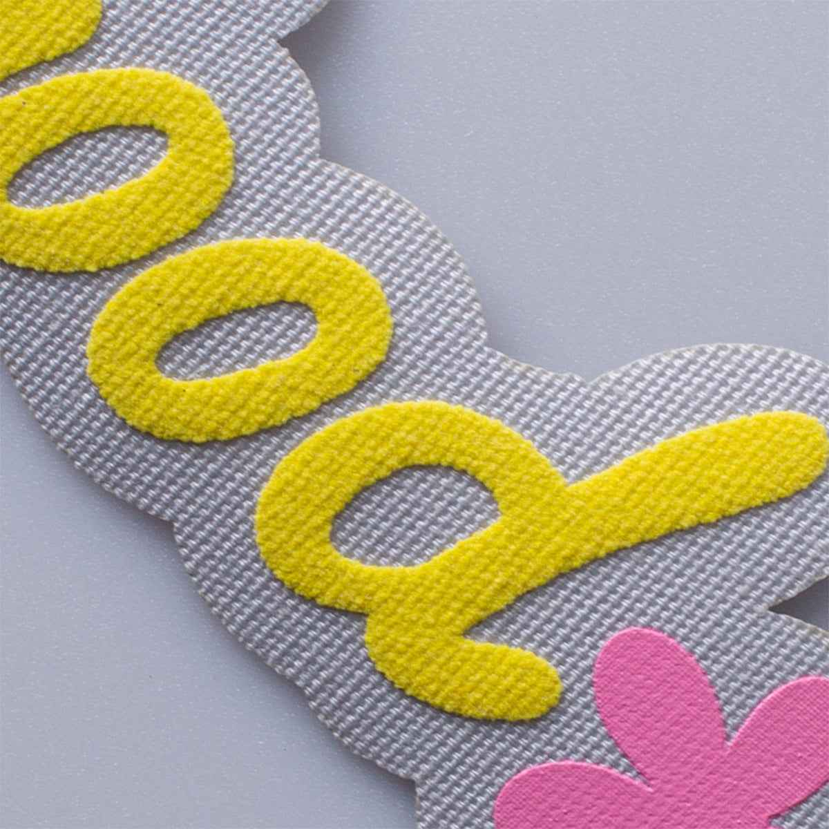 Good 3D fabric patch with yellow letters and pink flower on gray