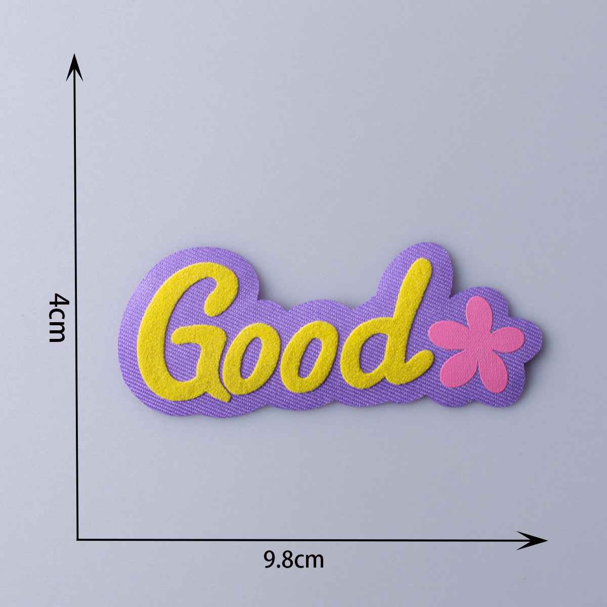 Good 3D fabric patch with yellow letters on purple and pink flower