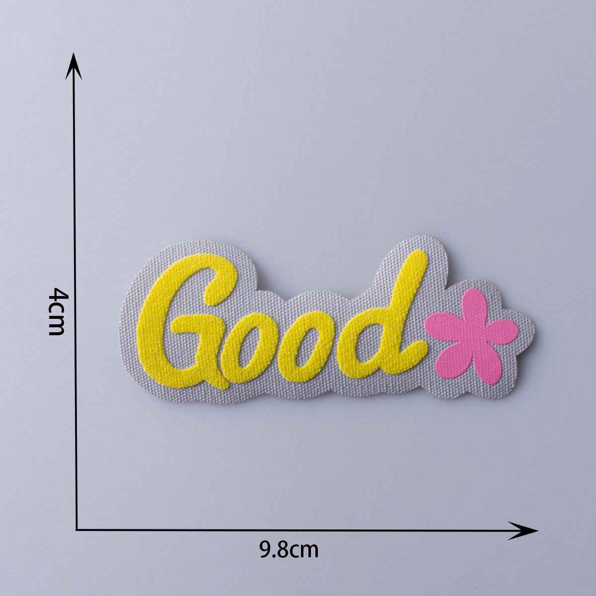 Good 3D fabric patch with yellow letters on gray and pink flower