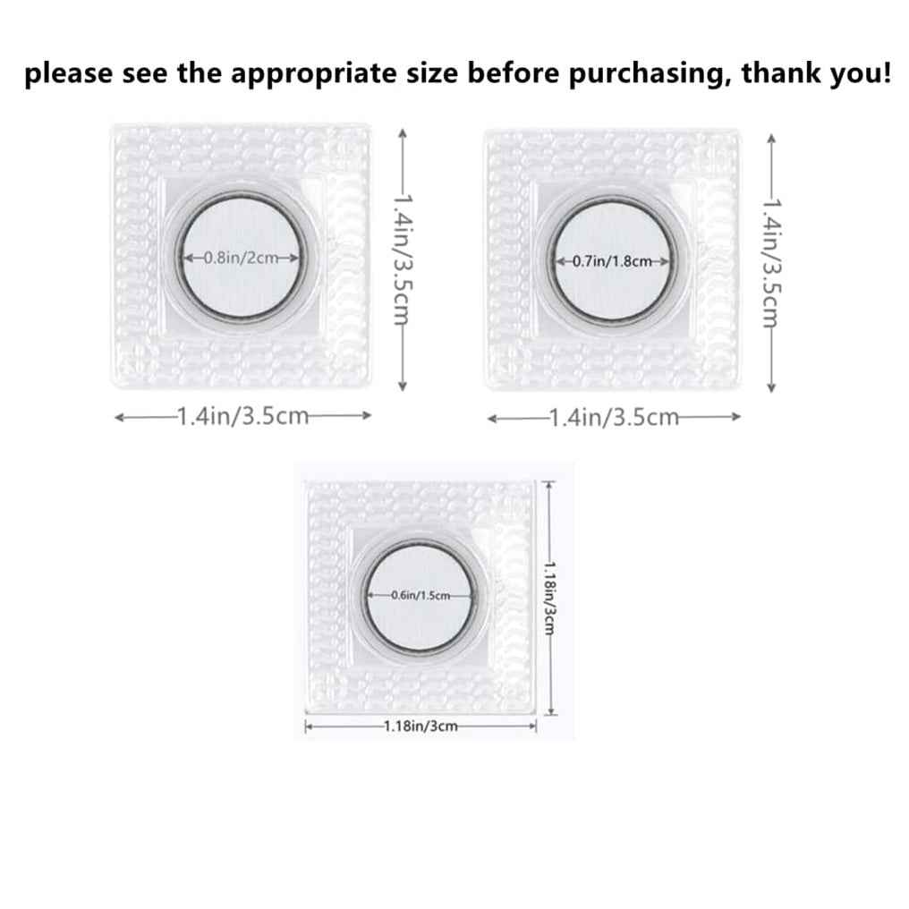 Size chart for hidden sew PVC magnetic snap buttons: 1.4 in/3.5 cm and 1.1 in/1.8 cm